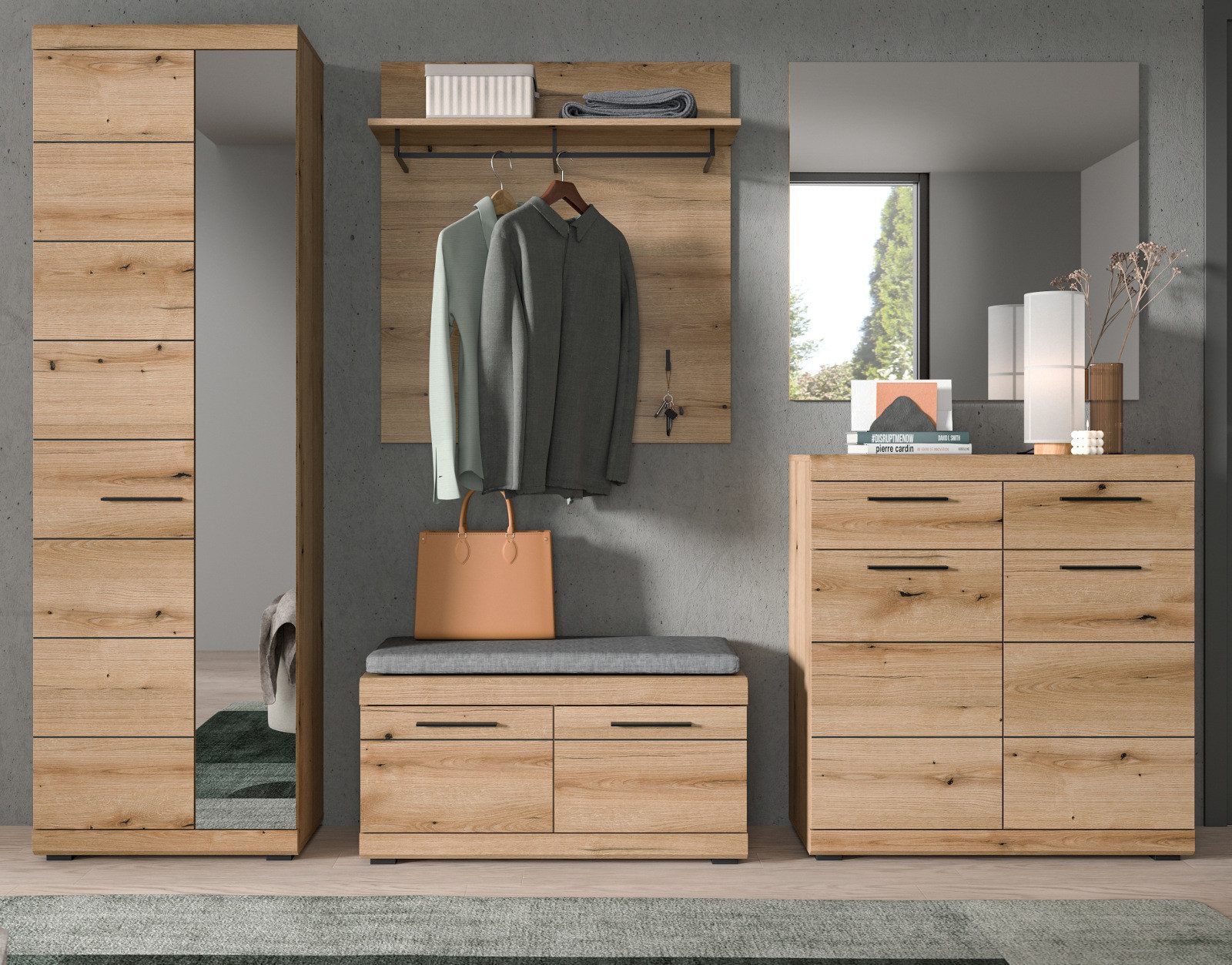 Inn.Furn Garderoben-Set Shawn, (Komplett-Set 5-teilig in Evoke Eiche, Flurgarderobe ca. 270 x 197 cm), variable Inneneinteilung, bis zu 13 Fächer – Bild 2 von 5