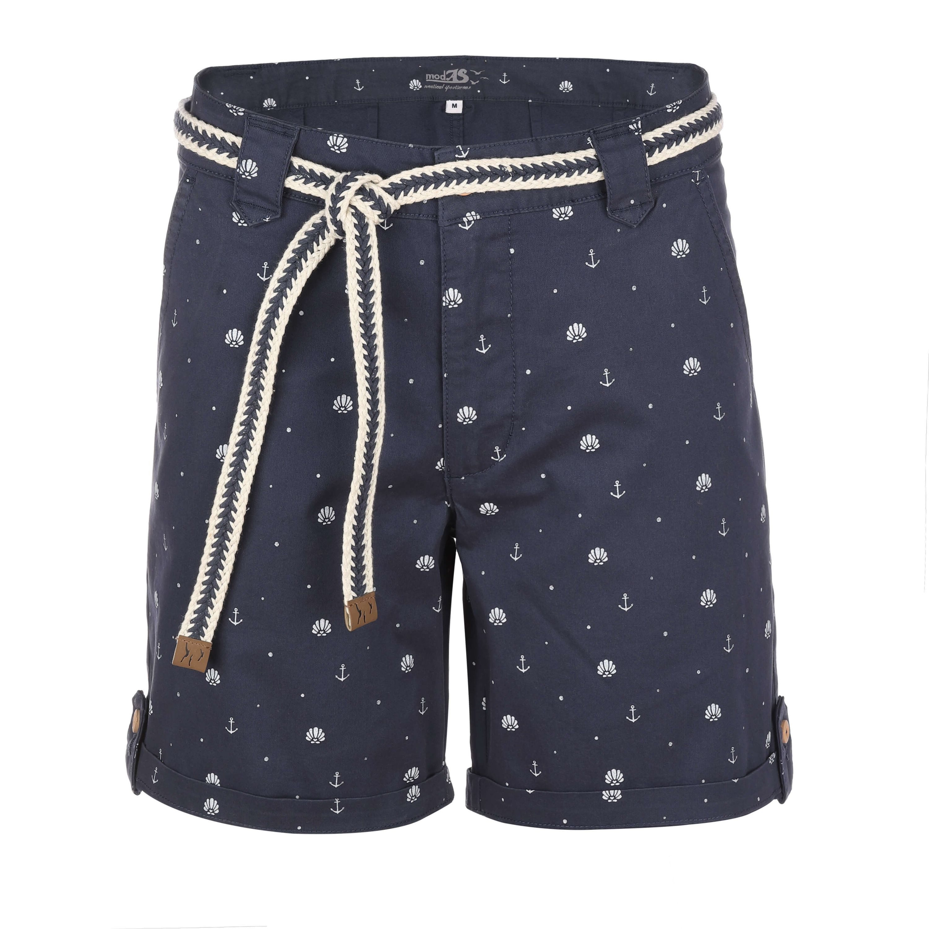 modAS Bermudas 26502 Damen Shorts mit Flechtgürtel Maritim - Kurze Hose Muschel-Anker-Print