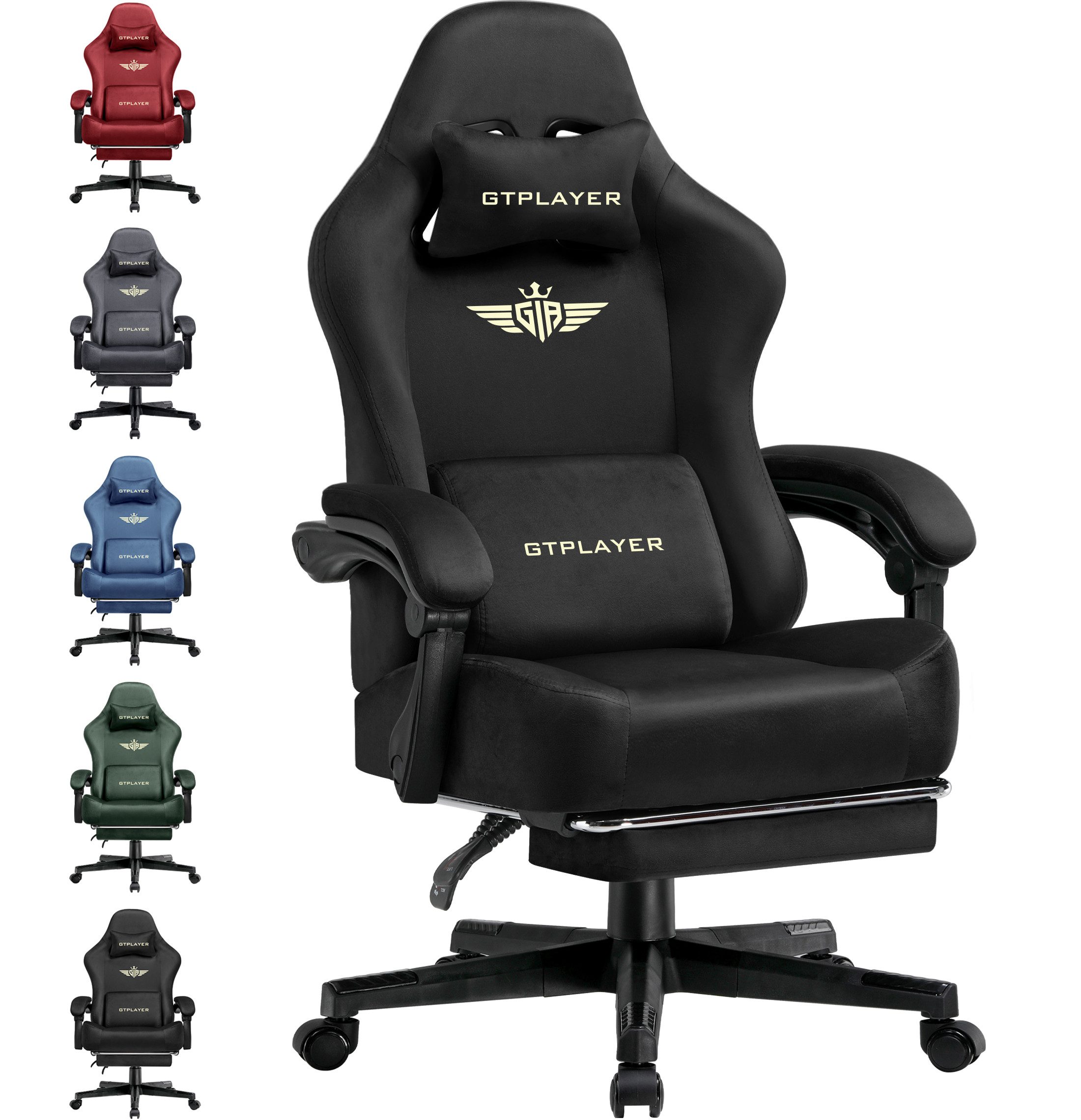 GTPLAYER Gaming-Stuhl Stoff/Kunstleder mit Taschenfederkissen großer Gamer Stuhl, 150KG (Gaming Chair mit hoher Rückenlehne und Fußstütze), Bürostuhl Gaming Sessel Gepolstert für Jugendliche und Erwachsene