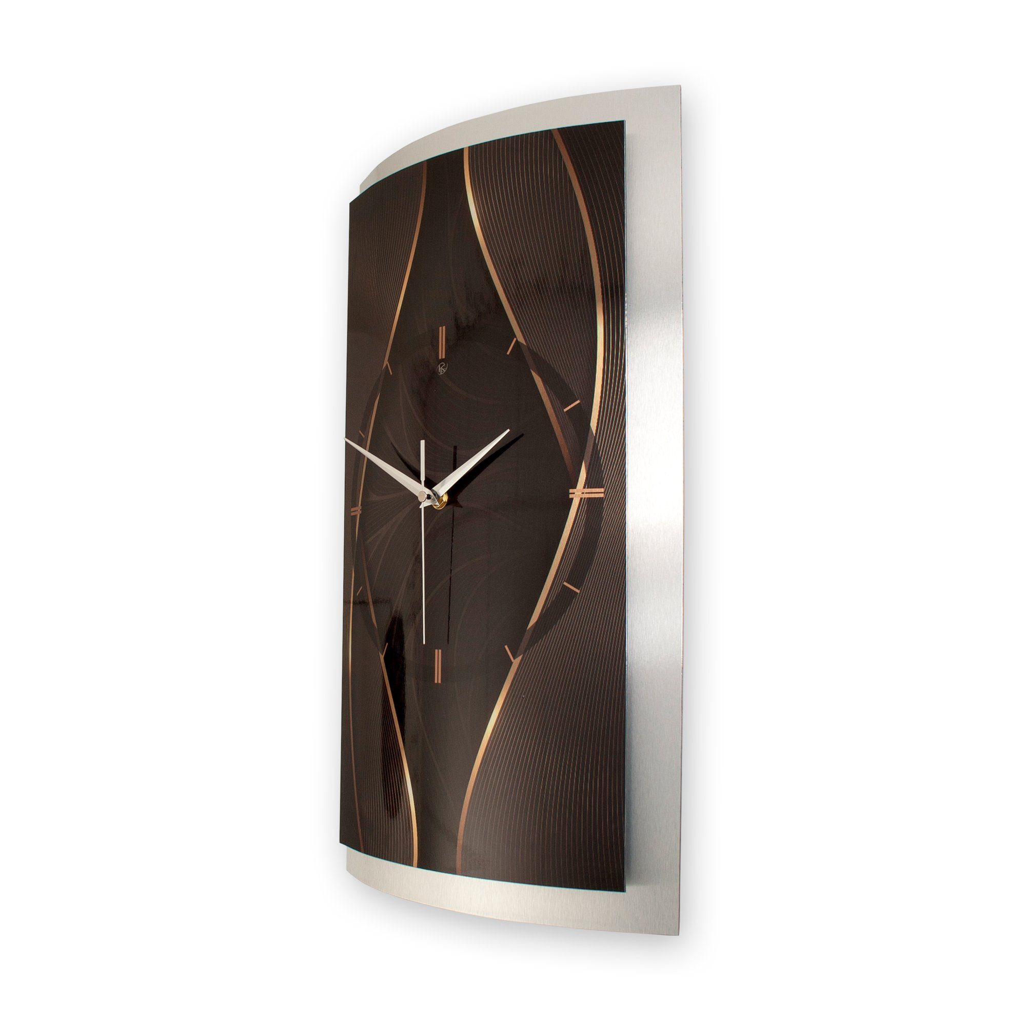Kreative Feder Wanduhr 3D Designer-Wanduhr „Elegant Waves“ aus gebürstetem Aluminium (3D-Wölbung; einzigartiges Zwei-Platten-Design; flüsterleises Uhrwerk)