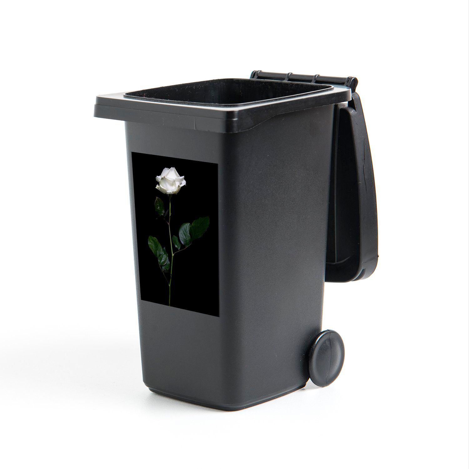 MuchoWow Wandsticker Eine weiße Rose auf schwarzem Hintergrund (1 St), Mülleimer-aufkleber, Mülltonne, Sticker, Container, Abfalbehälter