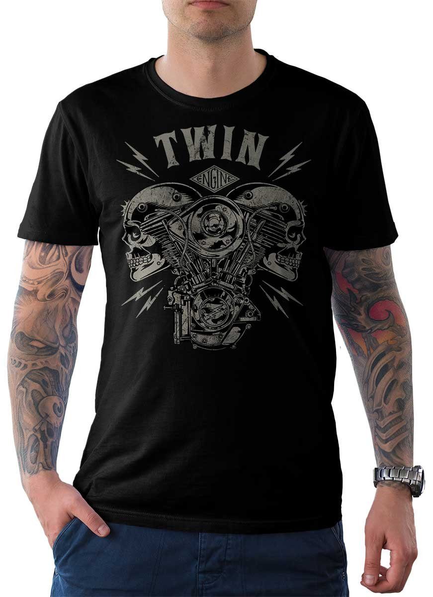 Rebel On Wheels T-Shirt Herren T-Shirt Tee V-Twin Skull mit Biker / Motorrad Motiv Schwarz