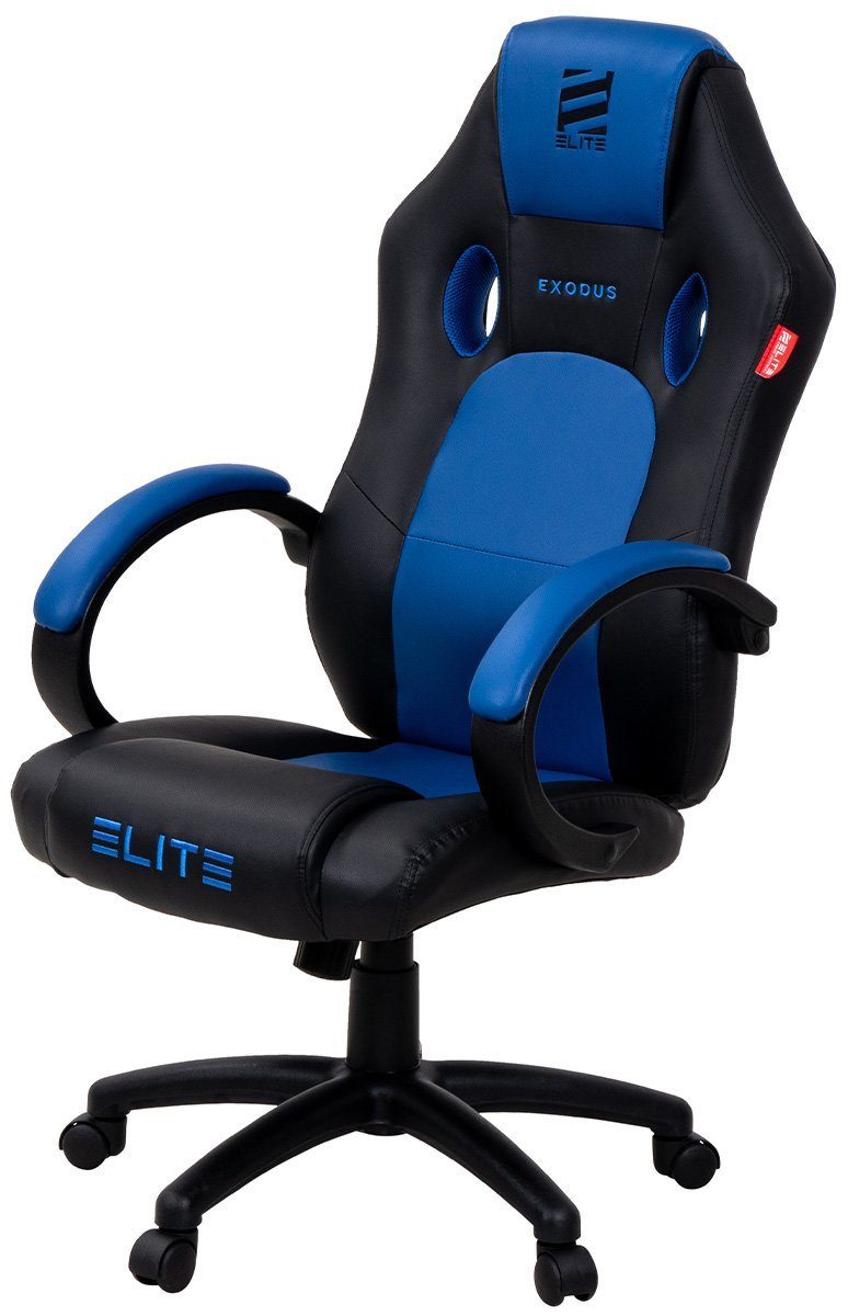 ELITE Gaming Gaming-Stuhl Ergonomischer Gamingstuhl Exodus Bürostuhl inkl. XXL Sitzfläche (Drehstuhl mit verriegelbare Wippmechanik, Armpolster, verstellbare Sitzhöhe, Sicherheits-Doppelrollen, 5-Stern Fußkreuz, 360 Grad horizontal drehbar, PVC Memory-Schaum, Sicherheitsgasdruckfeder, Hohe Belastbarkeit bis 150 kg, Drehsessel, Racing Chair, Gaming Chair, Computerstuhl, Racingstuhl, Pflegeleicht, hochwertige Verarbeitung, Computer Stuhl mit Racing-Design 1 St), 1 St), Zockerstuhl mit hoher Rückenlehne-Gaming Stuhl-Home Office Schwarz / Blau