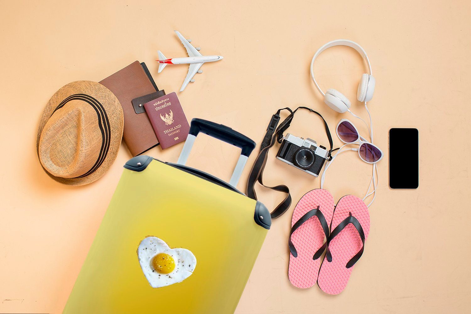 MuchoWow Handgepäckkoffer Herzförmiges Spiegelei gelbem Reisekoffer 4 Reisetasche für Hintergrund, mit Rollen, rollen, Trolley, auf Ferien, Handgepäck