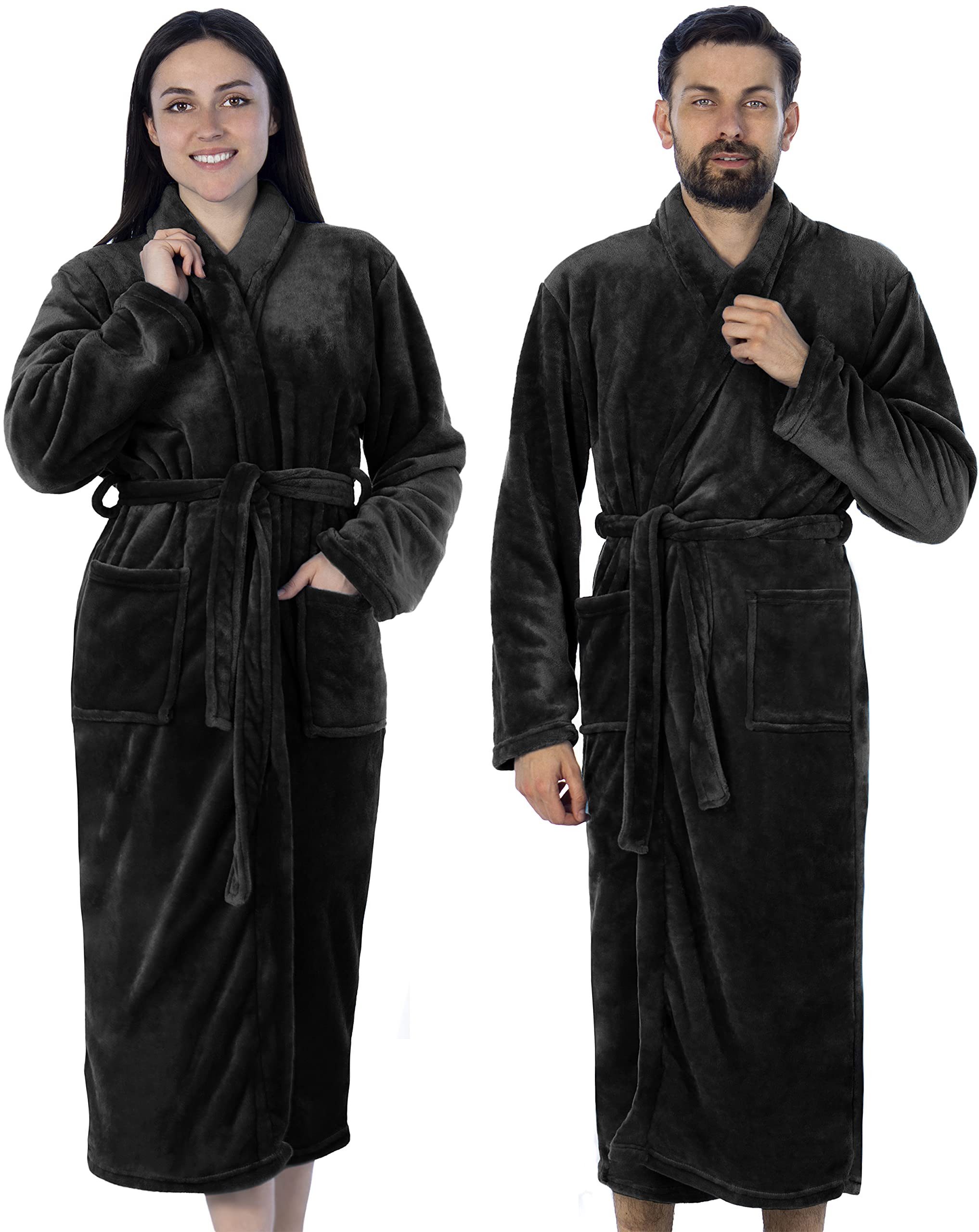 Gräfenstayn Unisex-Bademantel Damen Herren Kuschelfleece Bademantel Größe S-XXXL, warm & kuschelig, Waden bis Knöchellang, Fronttaschen, Gürtel, S-XXXL