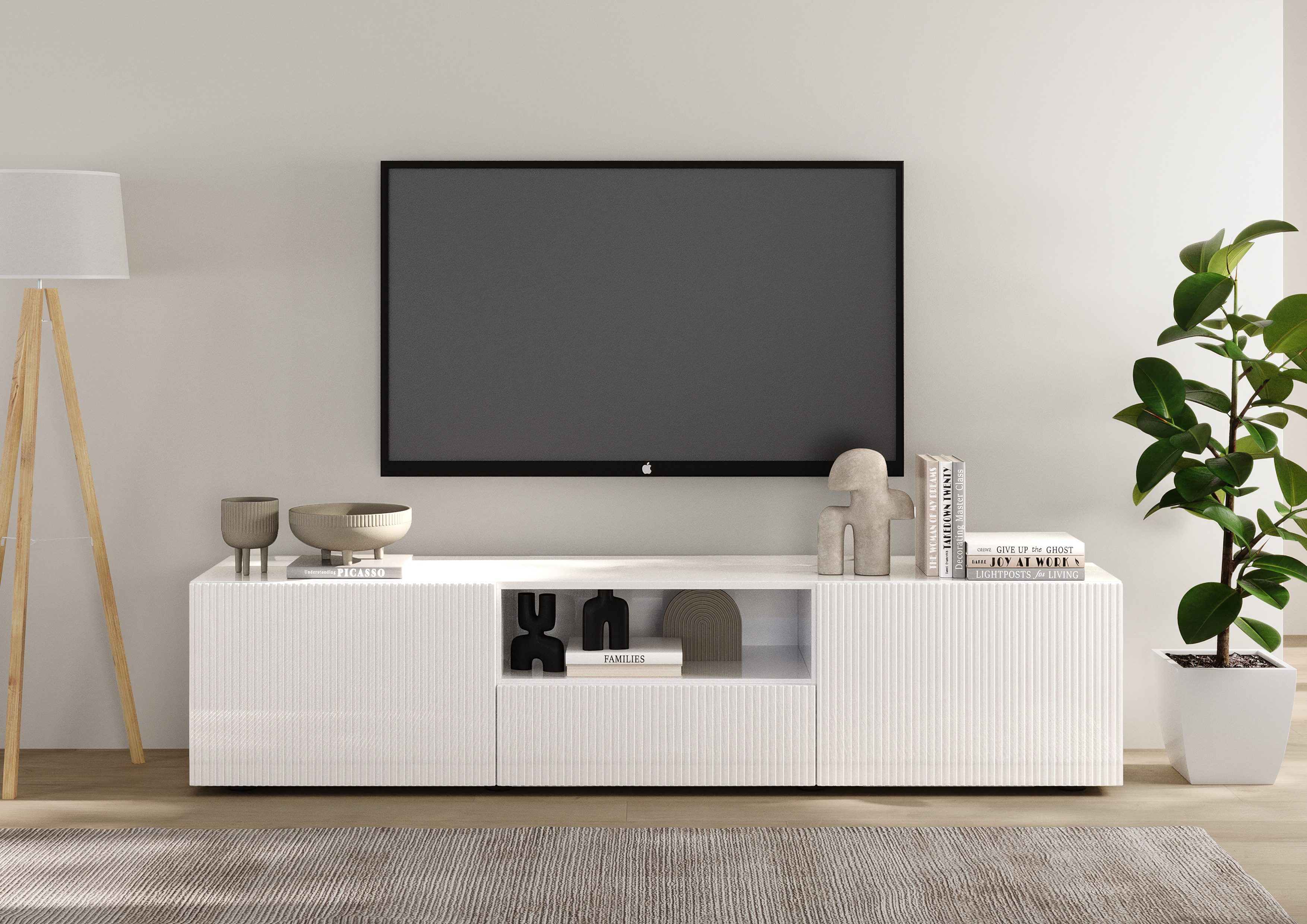 INOSIGN Lowboard Rio Breite 181 cm, TV-Board 2 Türen u. 1 Schubkasten, TV-Schrank, geriffelte MDF-Fronten, modern u. elegant, Kabelführung, viel Stauraum