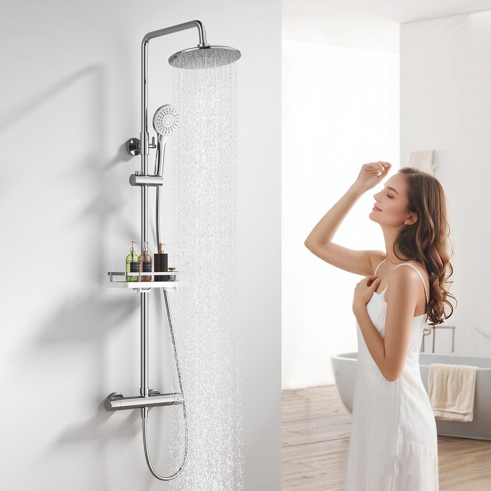 HOMELIVE Duschsystem mit Thermostat und Duschablage - Duscharmatur Komplettset, mit runder Regendusche, 3-Strahl-Handbrause,Chrom
