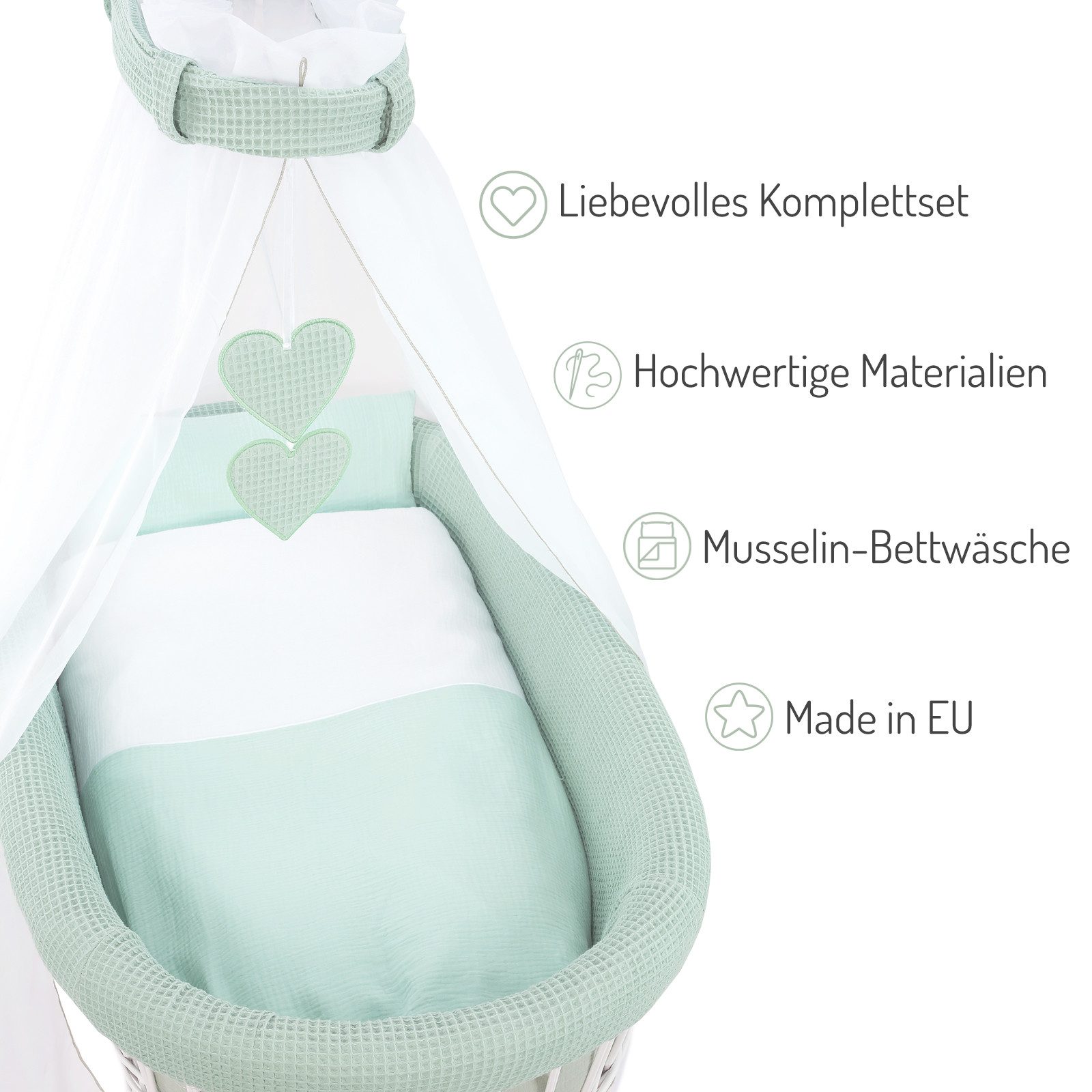 FabiMax Stubenwagen grau lackiert, Komplettset, Musselin & Waffelpiqué, Inkl. Matratze, Nestchen, Decke & Kissen