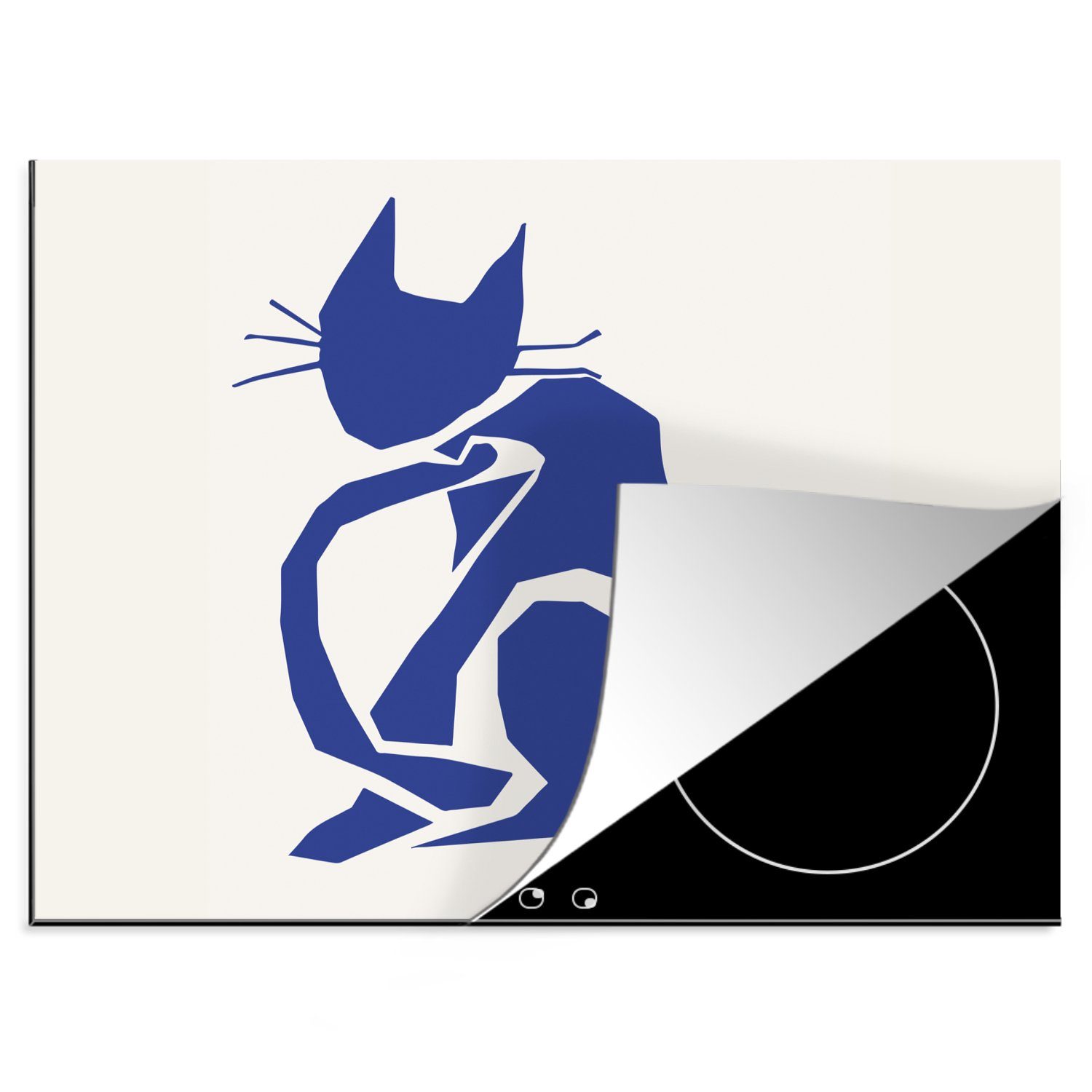 MuchoWow Herdblende-/Abdeckplatte Katze - Haustiere - Blau - Matisse, Vinyl, (1 tlg), 60x52 cm, Mobile Arbeitsfläche nutzbar, Ceranfeldabdeckung