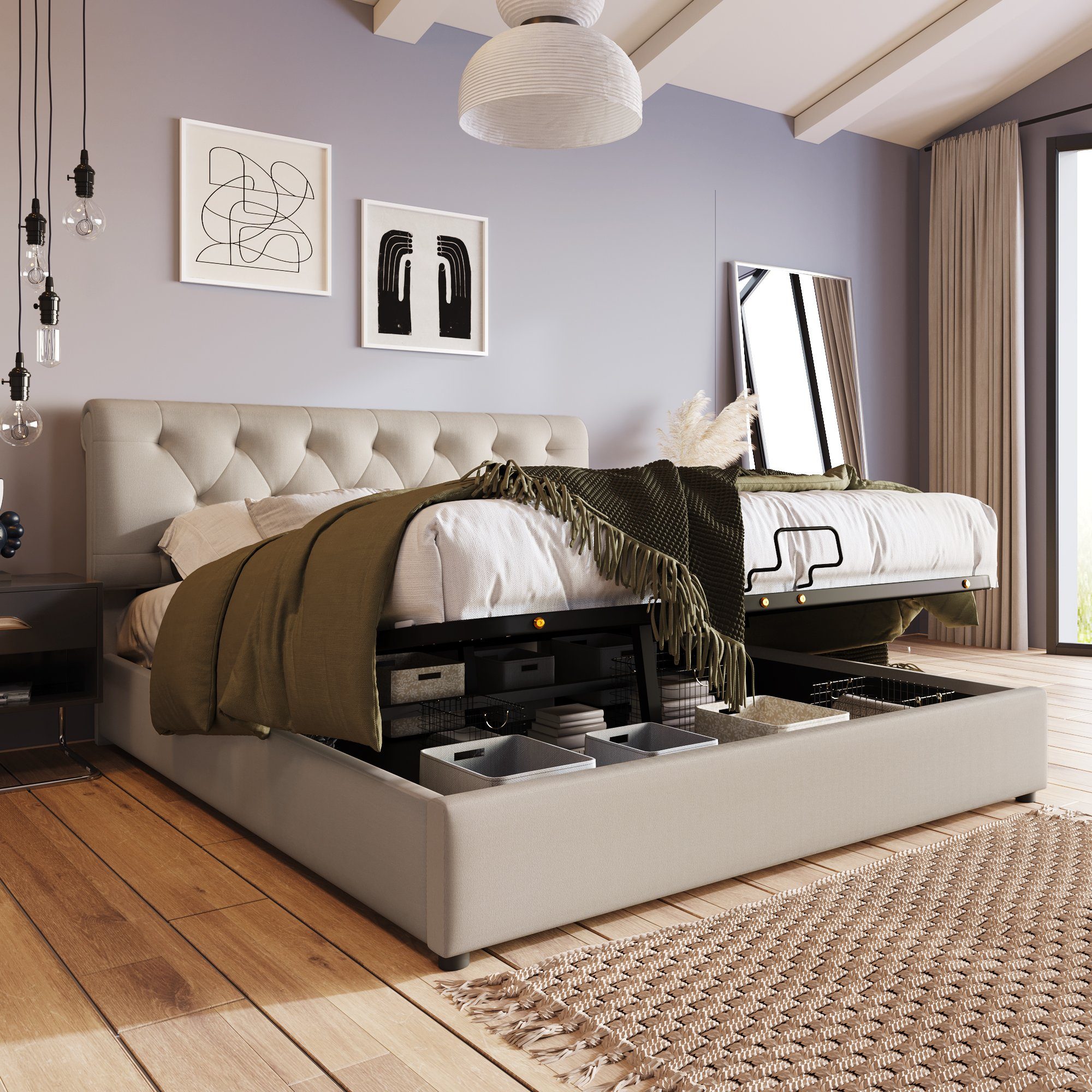 OKWISH Polsterbett Hydraulisch (Verstellbares Kopfteil Doppelbett,Bett mit  Lattenrost aus Metallrahmen, Modernes Bettgestell mit Stauraum), 140x200cm,  ohne-Matratze