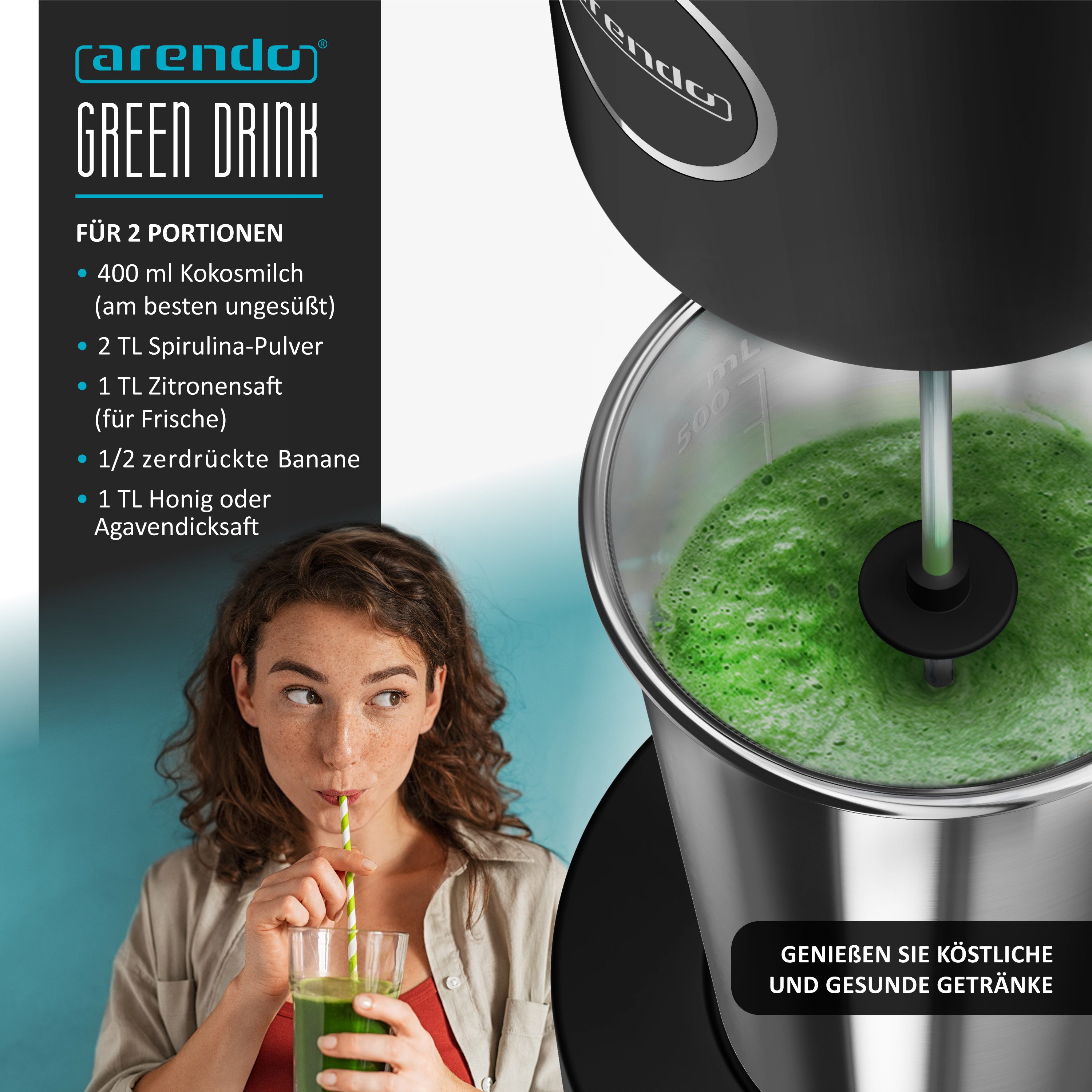 Arendo Standmixer Elektrischer Getränkemixer, 22.000 U/min, schwarz, 2 Stufen Doppelstab, 100 W, Milkshakes, Smoothies, Cocktails, Eiweißshaker, spülmaschinenfe – Bild 5 von 5