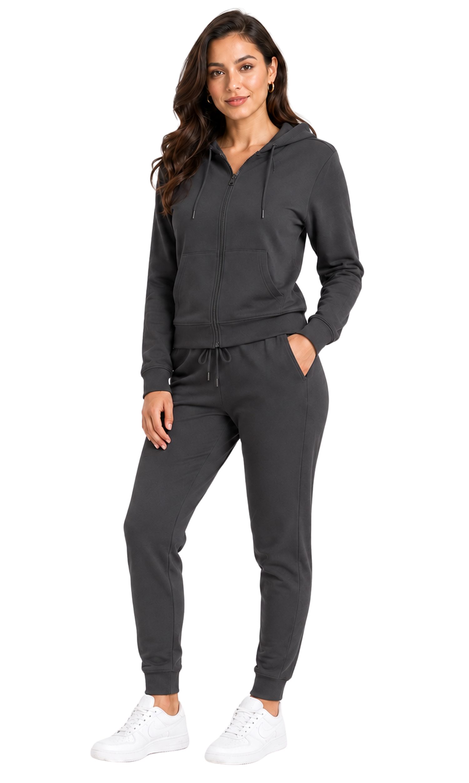 L.gonline Freizeitanzug Damen Jogginganzug einfarbig 100% Baumwolle 586 Anthrazit XXL (Kapuzenjacke mit Reißverschluss, Hose, 2-tlg), Fitness Freizeit Casual
