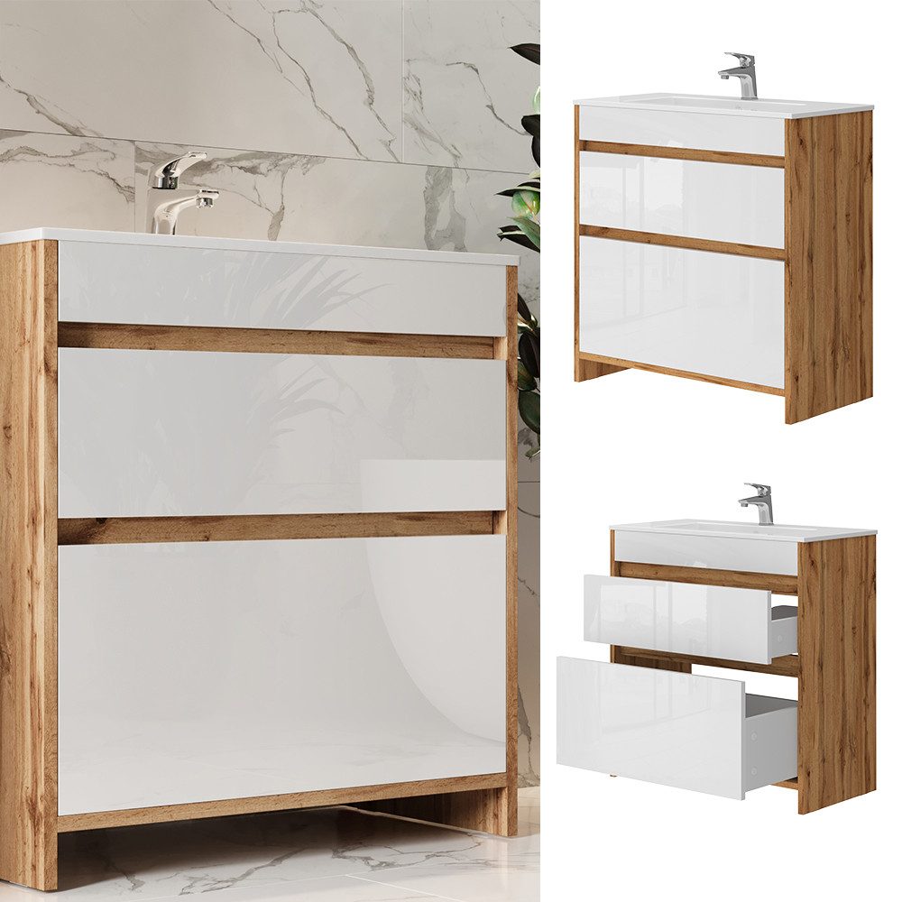 Vicco Badmöbel-Set Detmold, Goldkraft Eiche/Weiß Hochglanz, günstig online kaufen