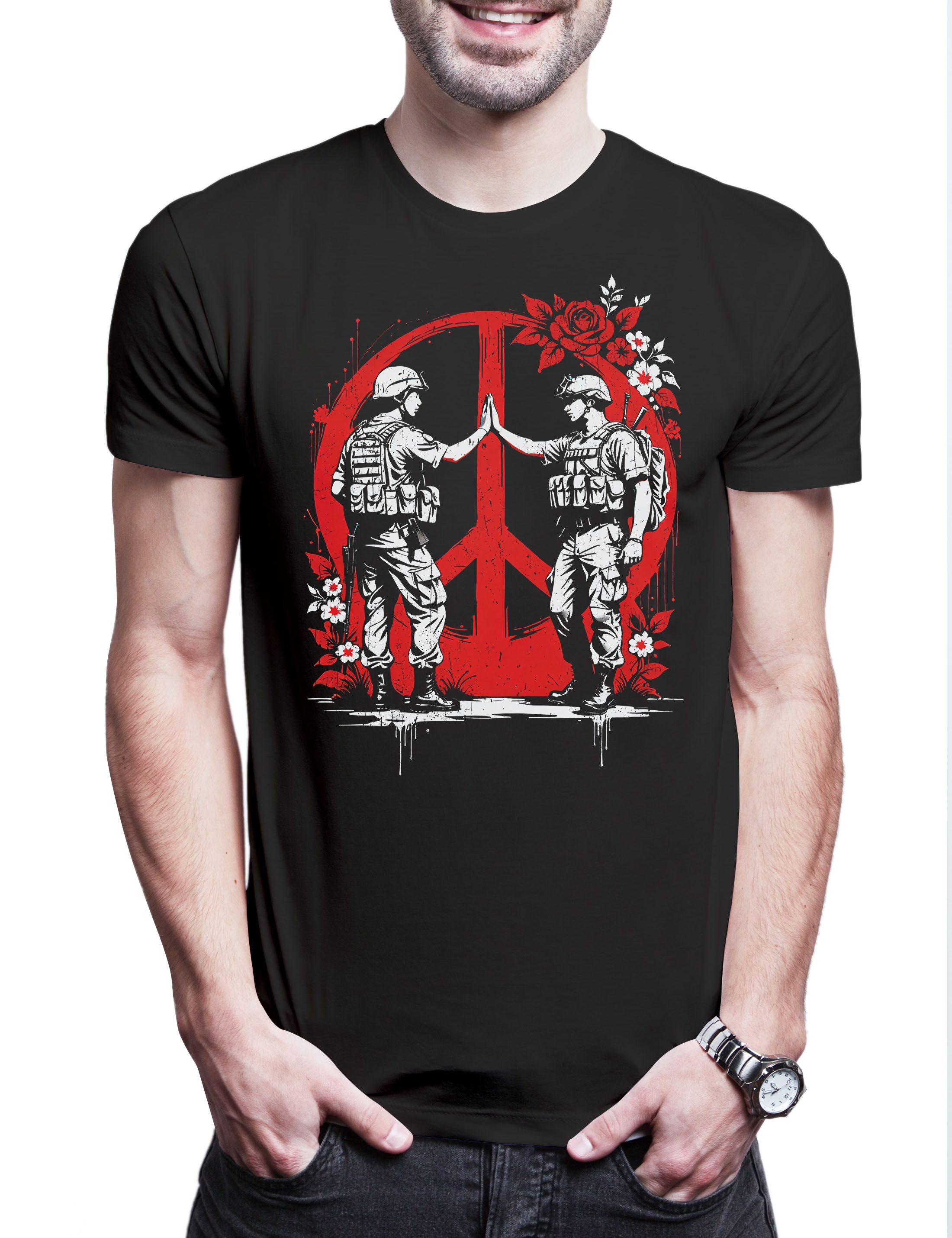 Urban Backwoods Print-Shirt Peace Soldiers Herren T-Shirt Modern Art Artist Banksy Graffiti Street (1-tlg) Art Logo Symbol Moderne