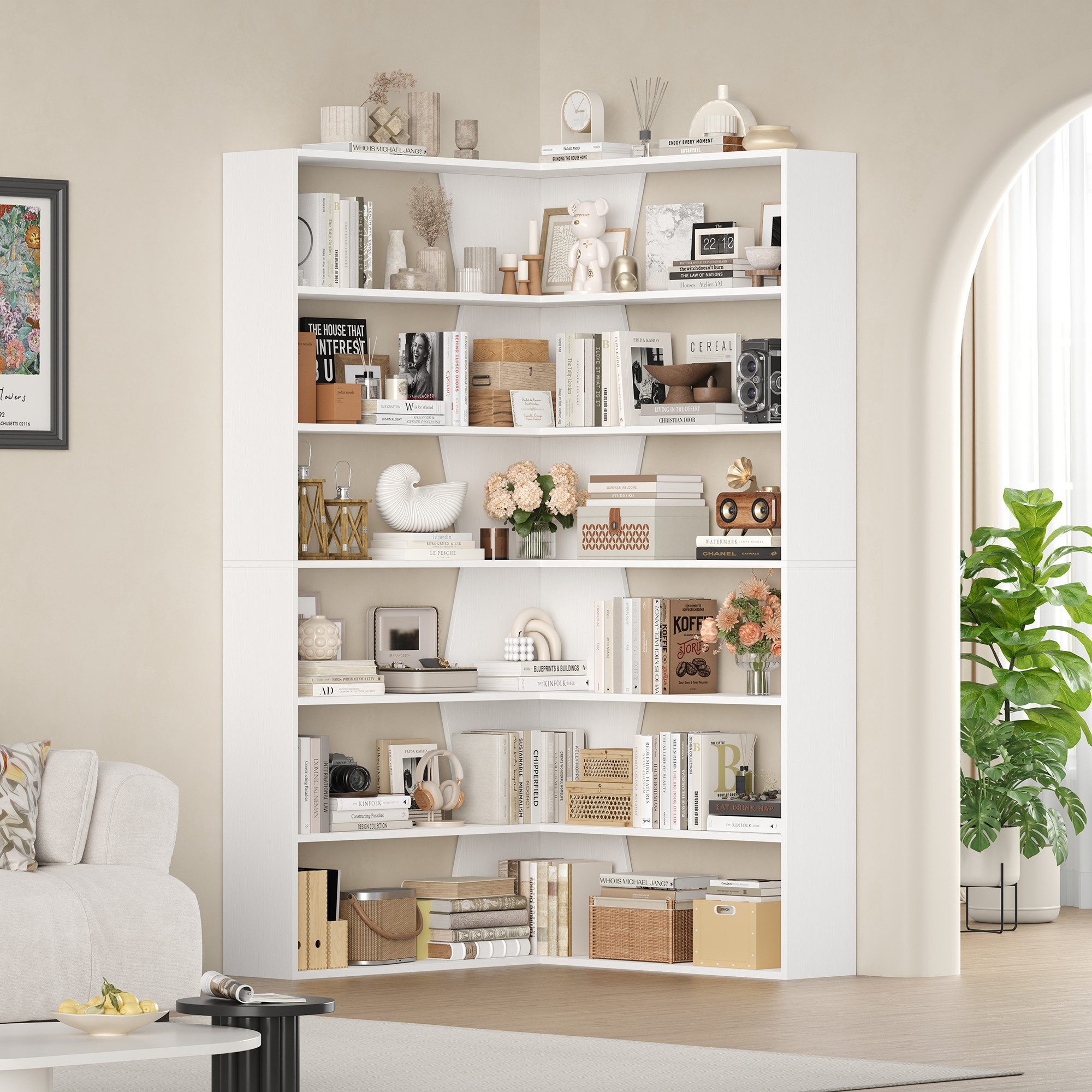 Homfa Bücherregal Eckregal Standregal Eck-Bücherregal, mit 6 Ebenen aus Holz, 90x90x190,5cm