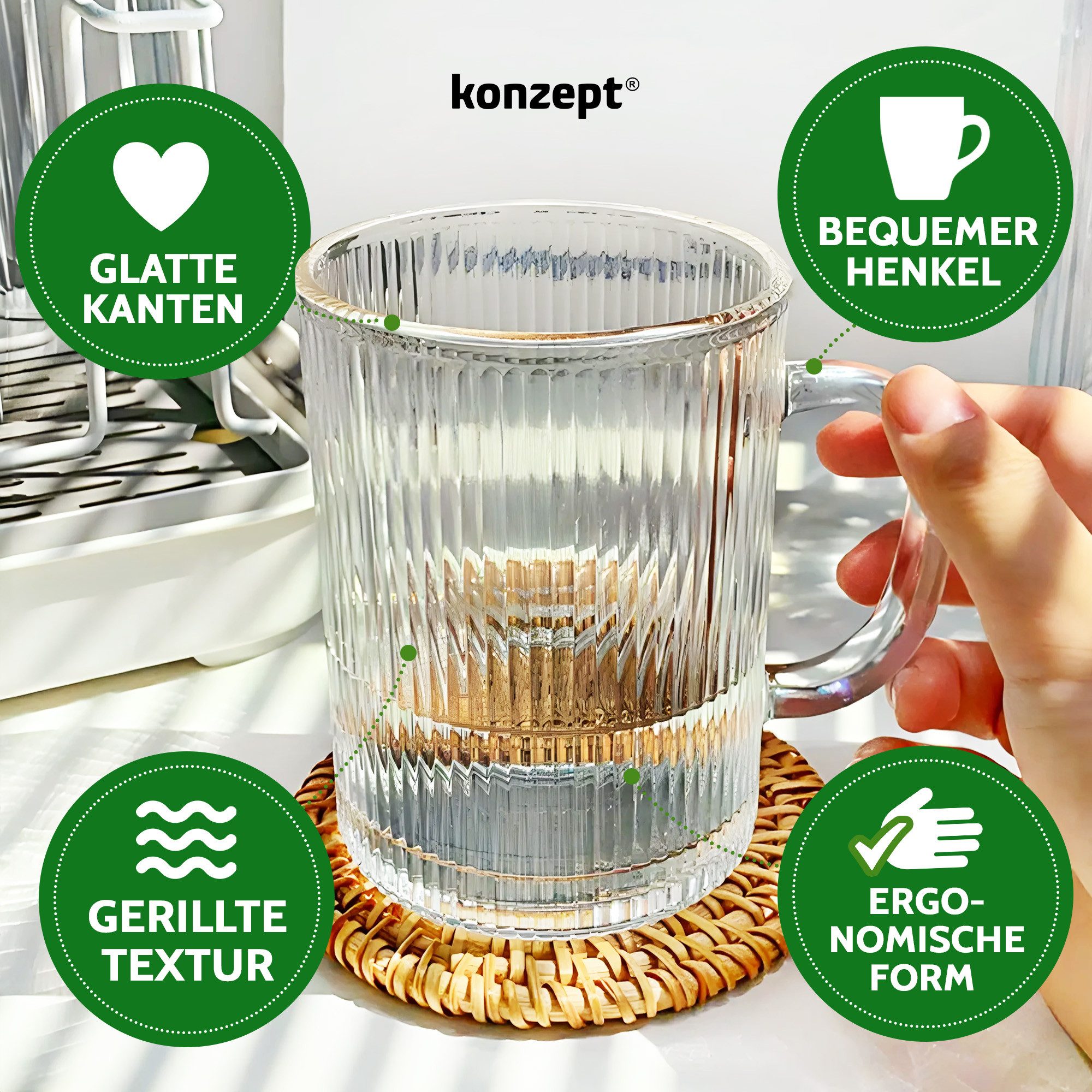 KONZEPT Gläser-Set Kaffeegläser Geriffelt 350ml Set 2/4/6 Stk. mit Henkel Transparent, 6-tlg., 350 ml, geriffelte, ideal als Kaffeegläser – Bild 5 von 5