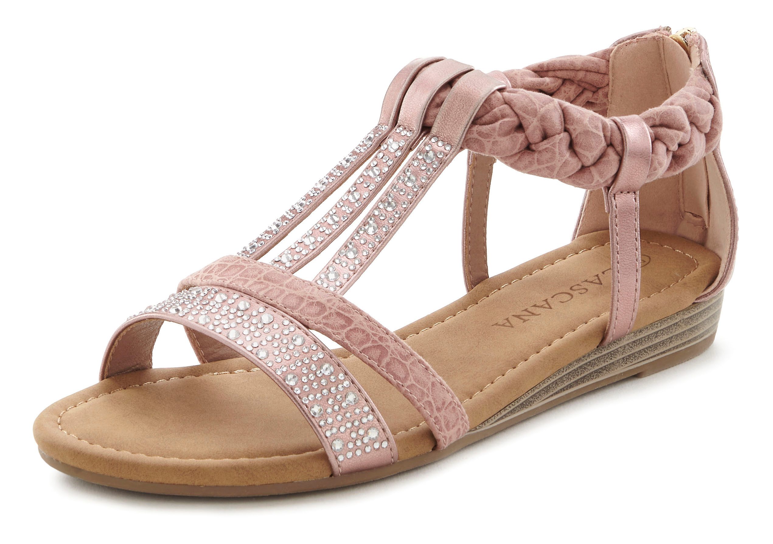 LASCANA Sommerschuh, Sandalette Sandale mit Glitzersteinen und kleinem Keilabsatz im Festival-Look VEGAN
