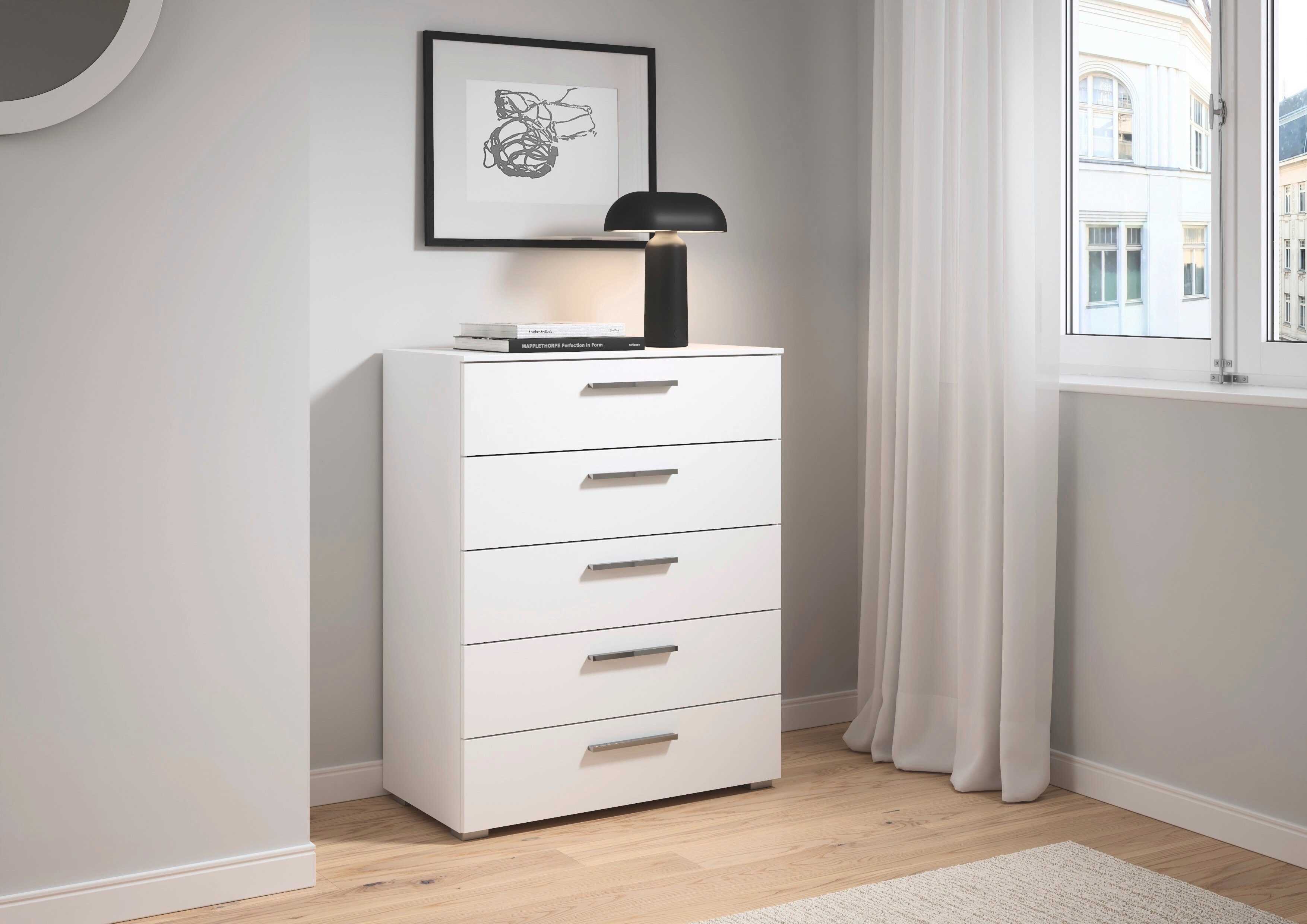 rauch Schubkastenkommode Highboard Sideboard Kommode MONTCLAR Frontauswahl Dekor/Hochglanz/Glas (in 2 Breiten: 40 oder 80 cm / Höhe 100 cm, inkl. Soft-Close-Funktion), mit 5 geräumigen Schubladen, viele Griffvarianten MADE IN GERMANY