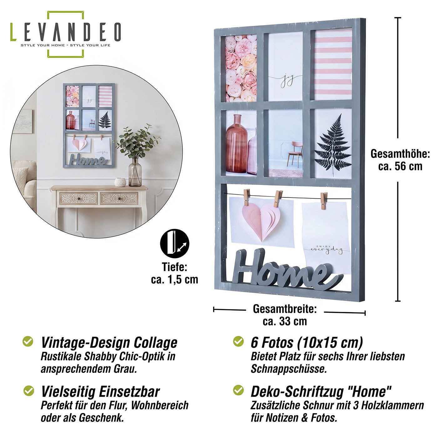 Levandeo® Bilderrahmen Collage, Bilderrahmen H56cm 6 Fotos Grau Home Klammern Shabby Chic Fotorahmen