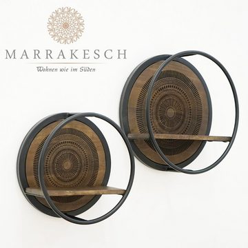 Marrakesch Orient & Mediterran Interior Deko-Wandregal 2er Set Wandregal Rund aus Metall & Holz 40 / 32cm, Hängeregal Astus