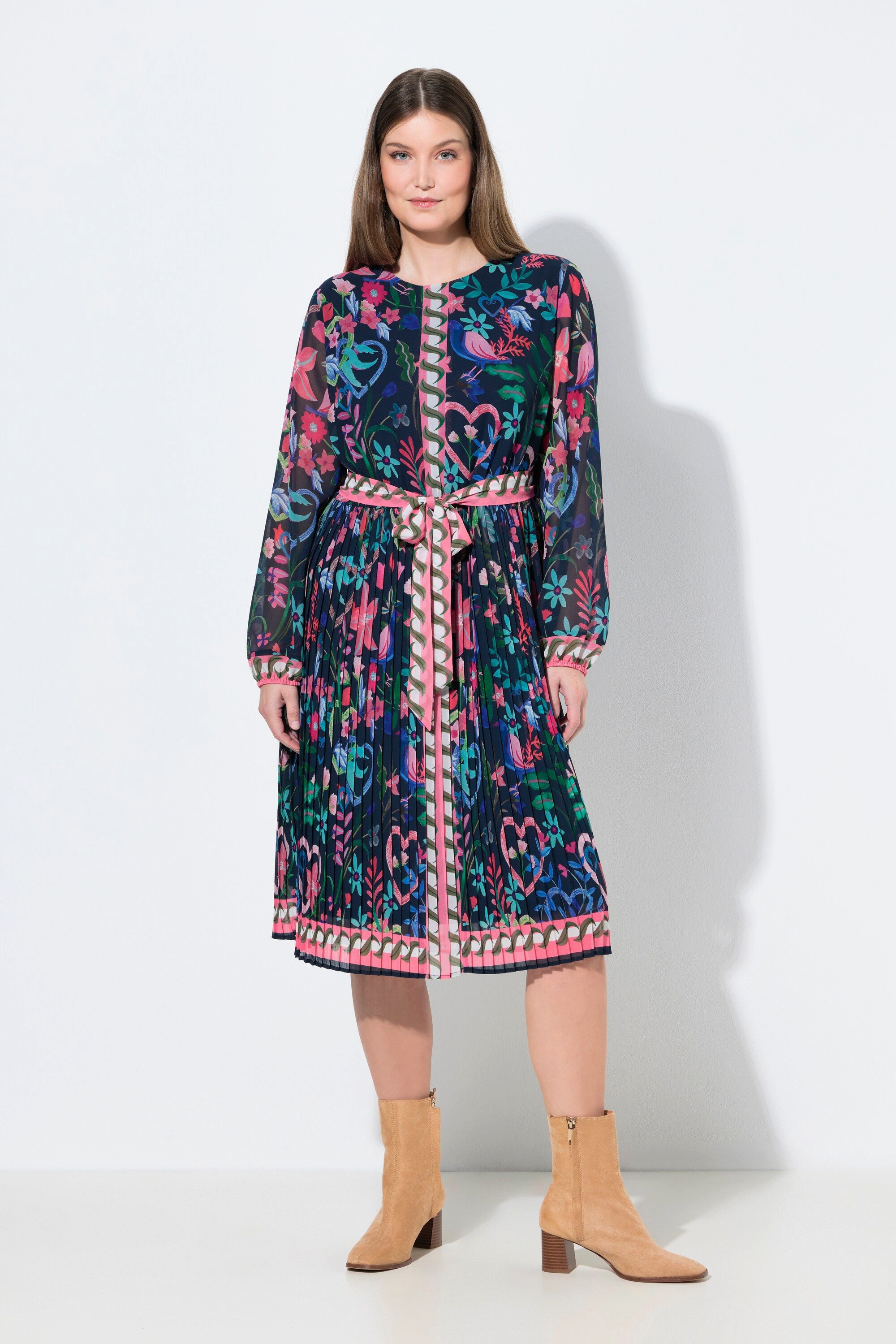 Ulla Popken Midikleid Midikleid plissierter Rock A-Linie Rundhals