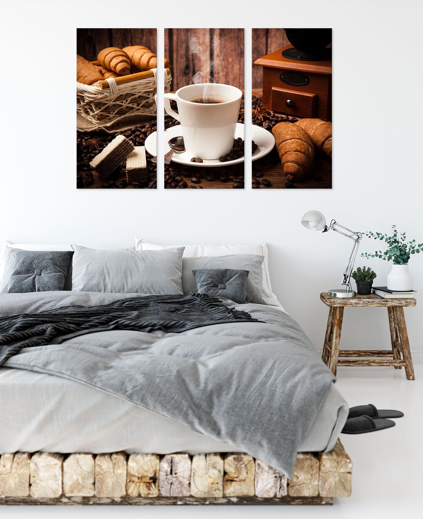 Kaffee, bespannt, Zackenaufhänger aufgebrühter fertig Leinwandbild Pixxprint Leinwandbild inkl. St), (1 Kaffee (120x80cm) heißer 3Teiler heißer aufgebrühter