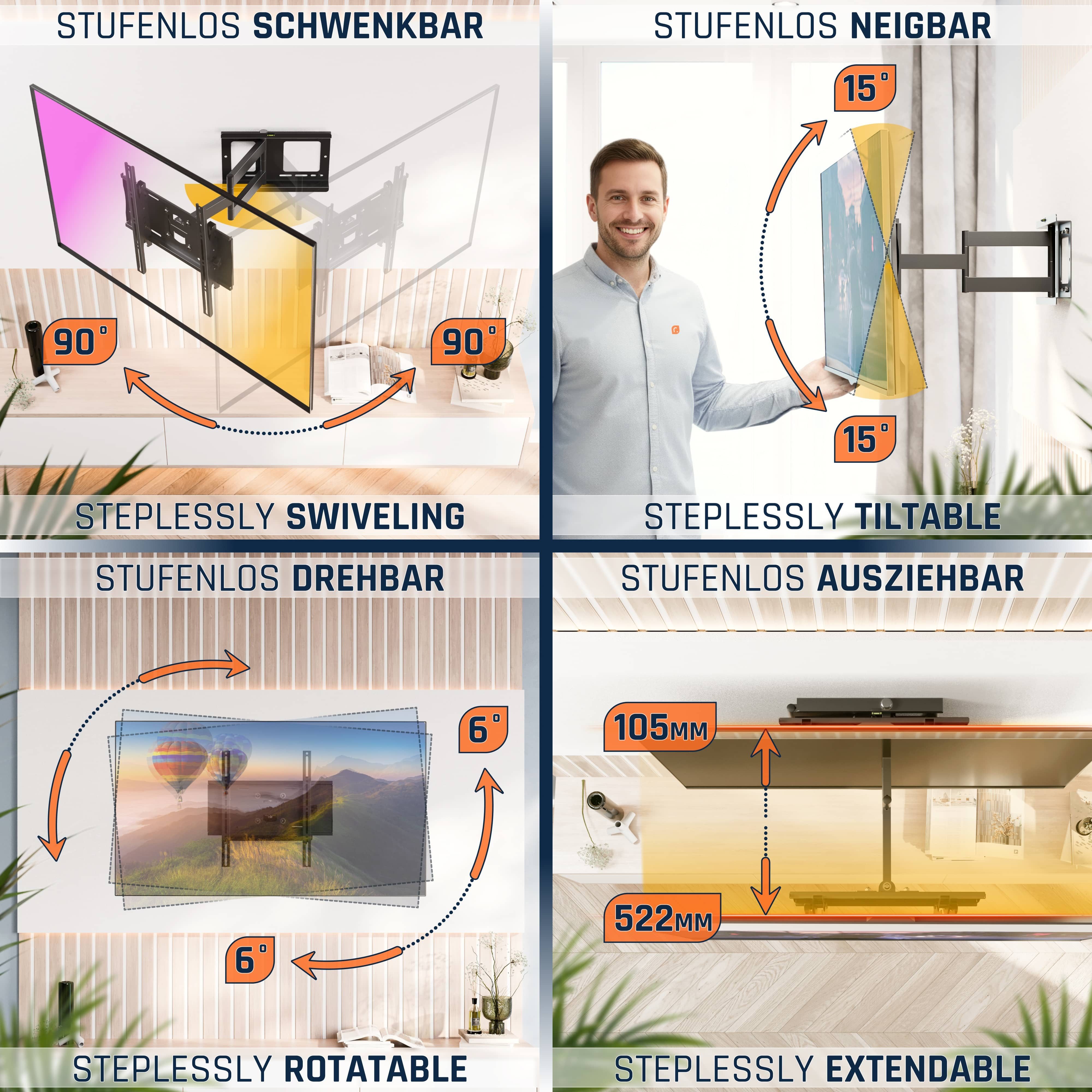 RICOO TV-Wandhalterung TV Wandhalter 43" 50" 55" 65" 75" max 95 Kg schwenkbar R23-S, (bis 75 Zoll, VESA 200x200 bis 400x400, 1-tlg., vollbeweglich ausziehbar neigbar 40 Zoll bis 75 Zoll stabil, bis 15° Neigung, bis zu 180° Schwenkung, Fernseher Halter universal)