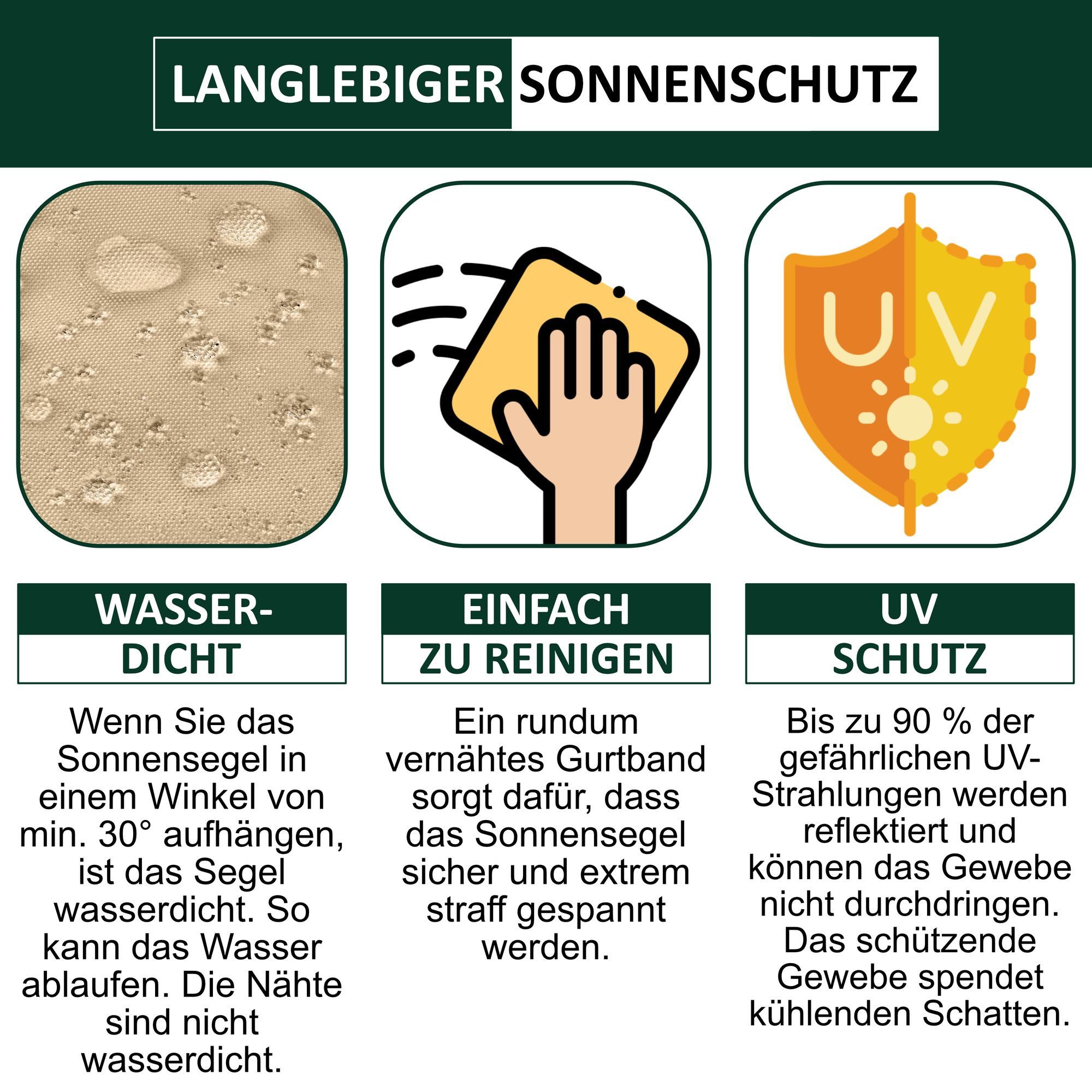 bonsport Sonnensegel Sonnensegel aus 100% Polyester, (Quadrat 2x2m Sand), Polyester