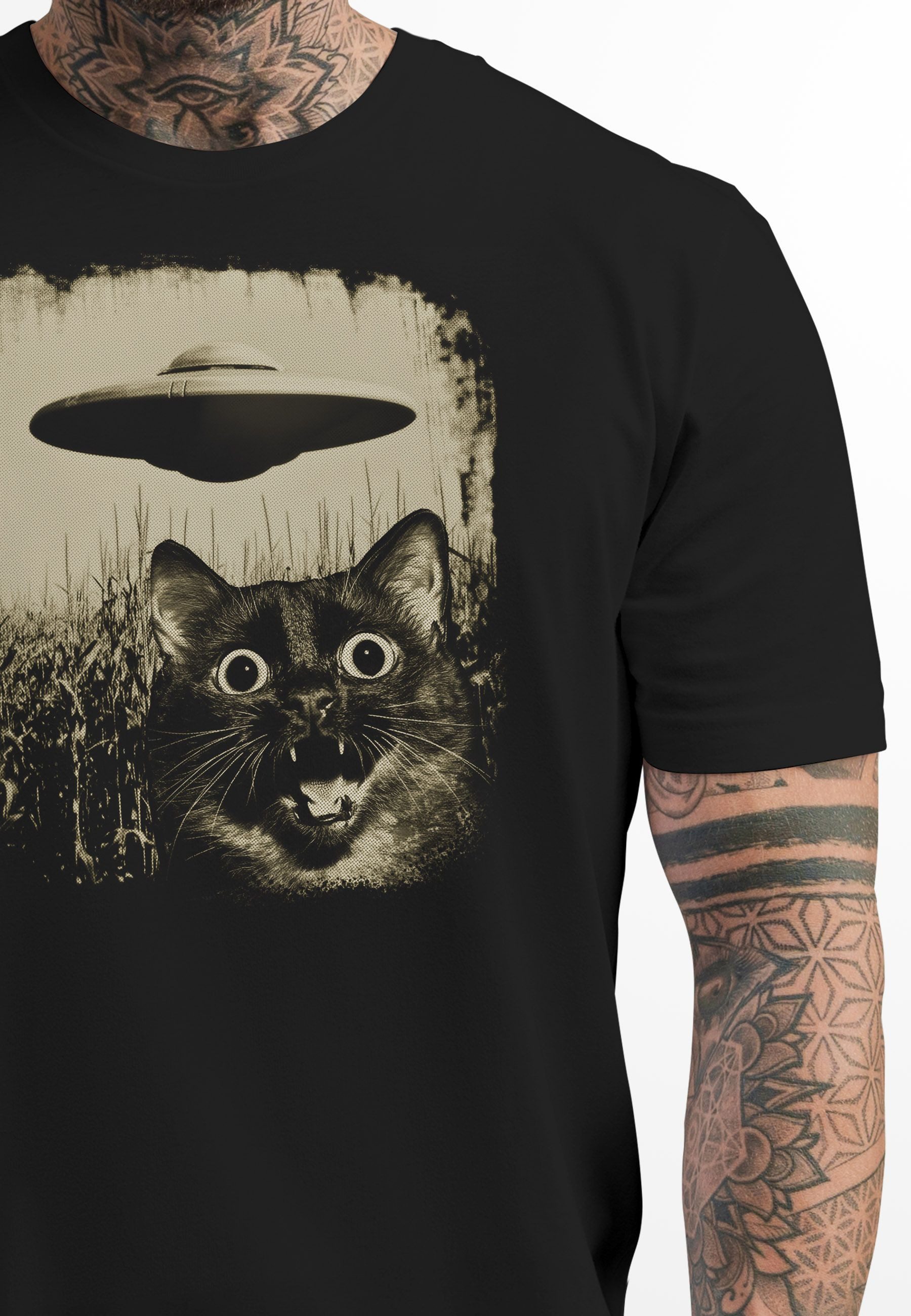 Neverless Print-Shirt Herren T-Shirt UFO Katze Alien Print Aufdruck Printsh günstig online kaufen