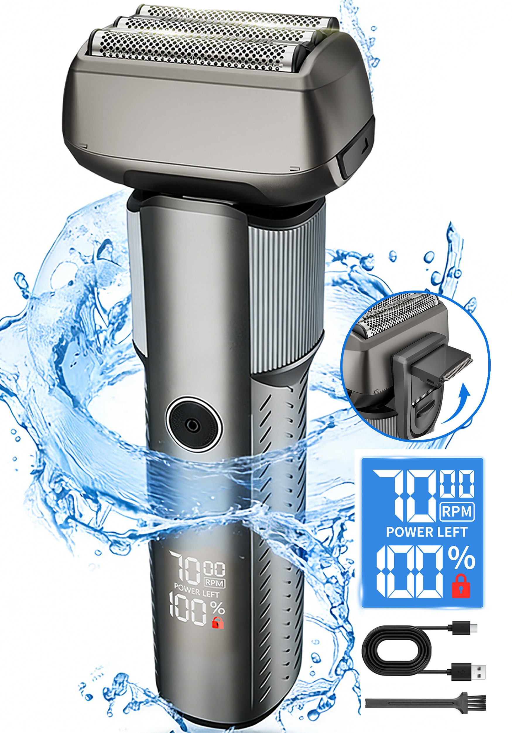 Luckice Elektrorasierer Folienrasierer,Herrenrasierer,Nass- und Trockenrasierer, wasserdicht, für Bartpflege und perfekte Rasur, ausklappbarer Langhaarschneider, 5-fach Schneidsystem,90 min, Schwarz Metallic