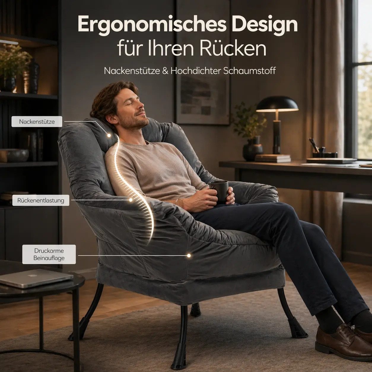 ANYSUN Loungesessel Relaxsessel aus Samt mit Nackenstütze, ergonomisch weich gepolstert (Sessel mit optionalem Fußhocker, Relaxsessel), Kompakter Relaxsessel 75 x 80 x 85 cm, wahlweise mit Fußhocker