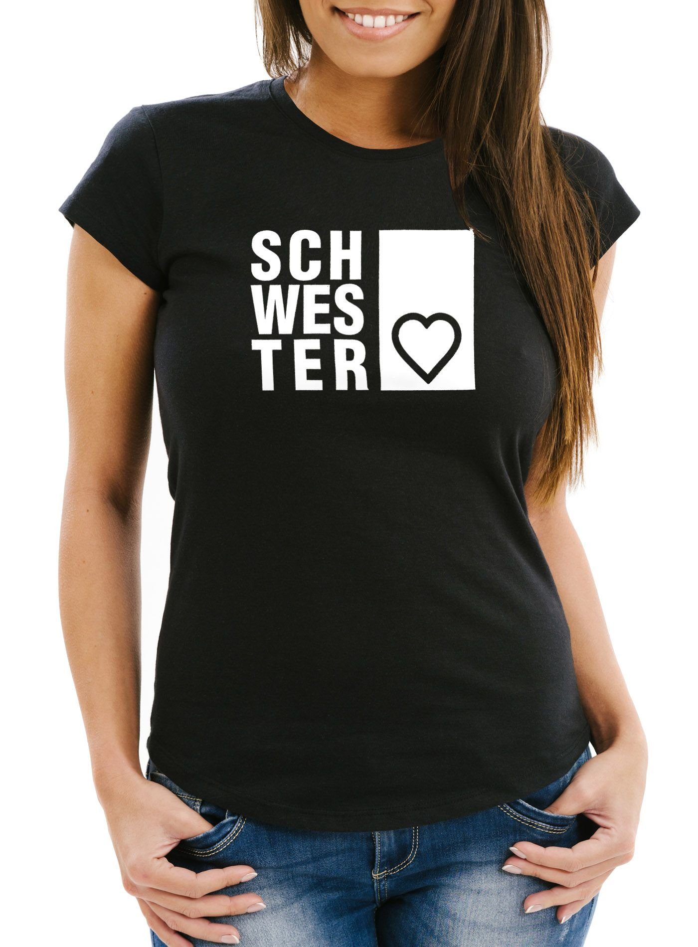 Print-Shirt Damen T-Shirt Schwesterherz Schwester Geschenk Geburtstag Slim Fit