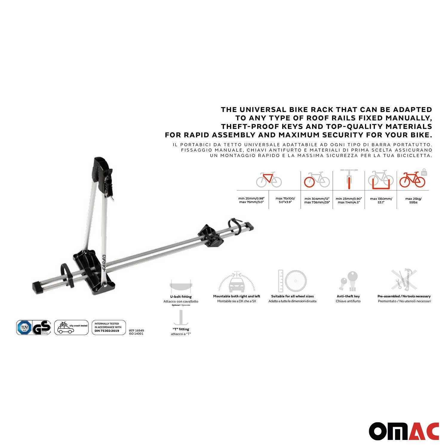 OMAC Dachfahrradträger bis 25 kg ABE M-Style Dachfahrradträger EBike FatBike 2 SET, (2-tlg), Rostbeständig, Abnehmbar, Leichtgewichtig – Bild 4 von 5