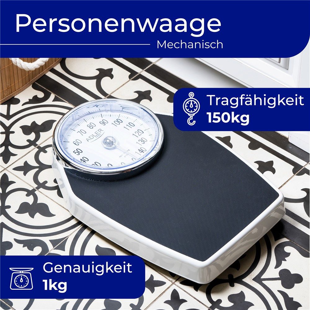 ADLER EUROPE Personenwaage AD 8177 Mechanische Badezimmerwaage bis 150 kg, analog, Körperwaage, großes Ziffernblatt, Kalibrierknopf, Schwarz