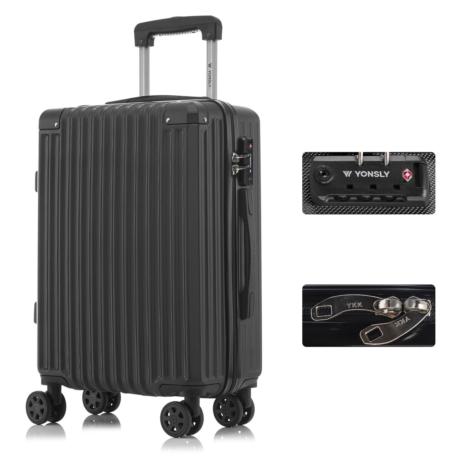 YONSLY Trolley Premium Hartschalen-Reisekoffer Trolley Handgepäck, 4 Rollen, TSA-Schloss, YKK-Reißverschluss, ABS-Hartschale, Aluminium