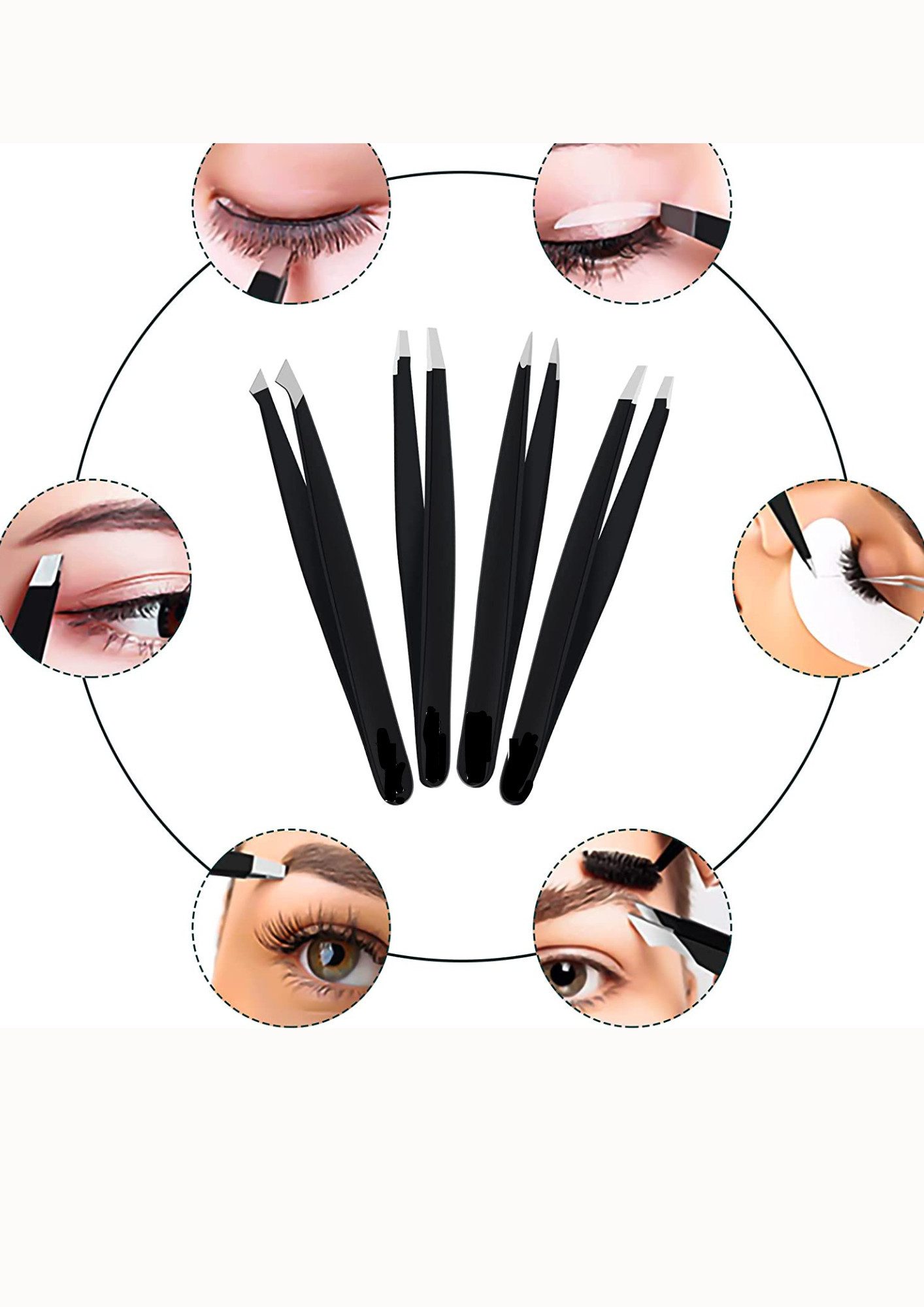 Montegoni Augenbrauenpinzette 4 Stück Augenbrauen-Pinzette, Pinzette Set mit Edelstahlspitzen für präzise Pflege, Jede Pinzette in diesem Set hat eine spezielle Funktion