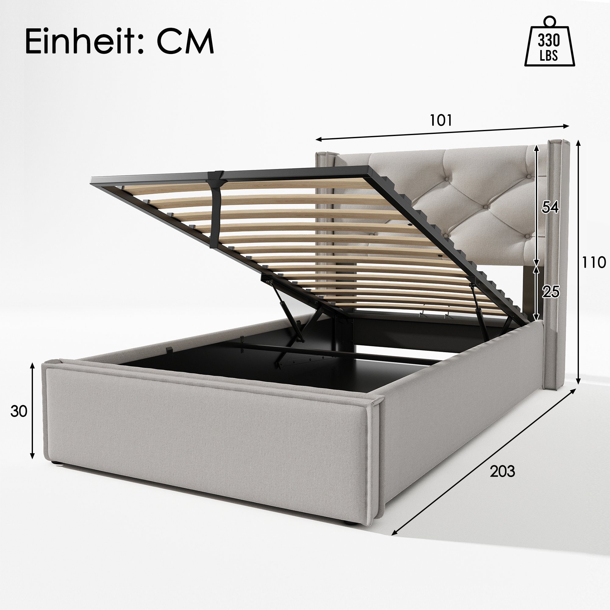 Boxspringbett (Polsterbett Einzelbett 90x200 cm mit edler Knopfheftung), Hydraulisches Funktionsbett mit Bettkasten und Lattenrost, Baumwolle