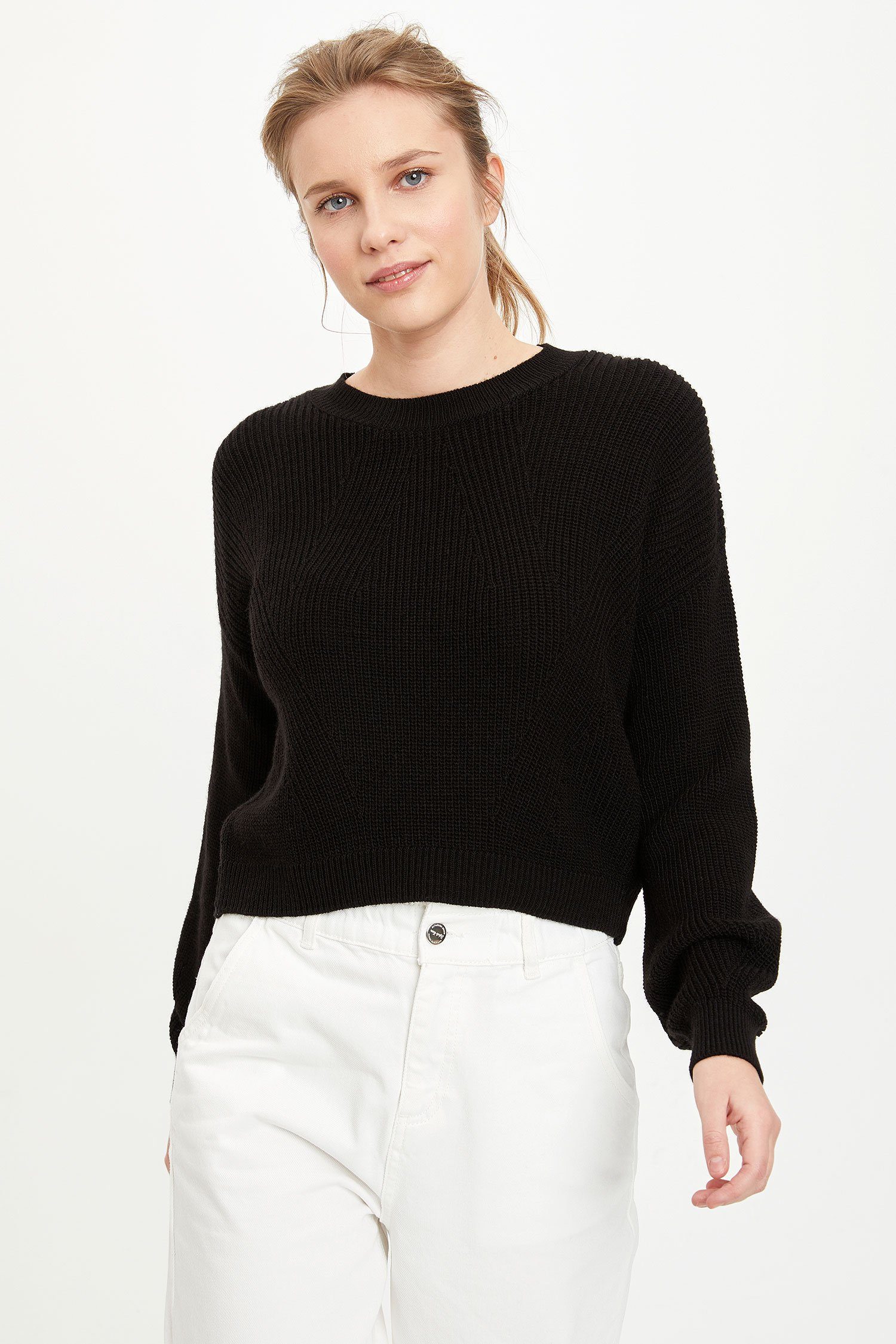 CROPPED Strickpullover Strickpullover DeFacto Schwarz Damen FIT