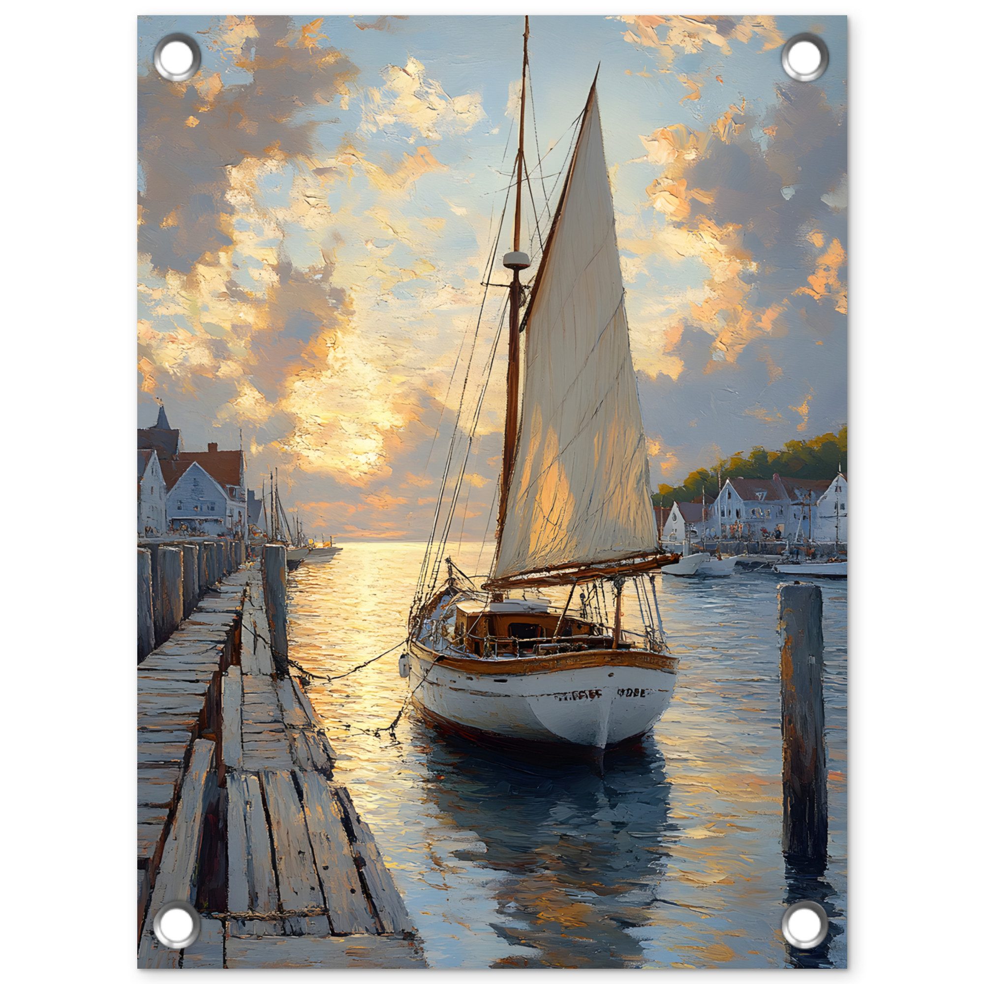 OnlyWow Poster für Garten Segelboot - Sonne - Pier - Holz, Gartenposter, Outdoor Bilder, Gartendeko für draußen, 30x40 cm