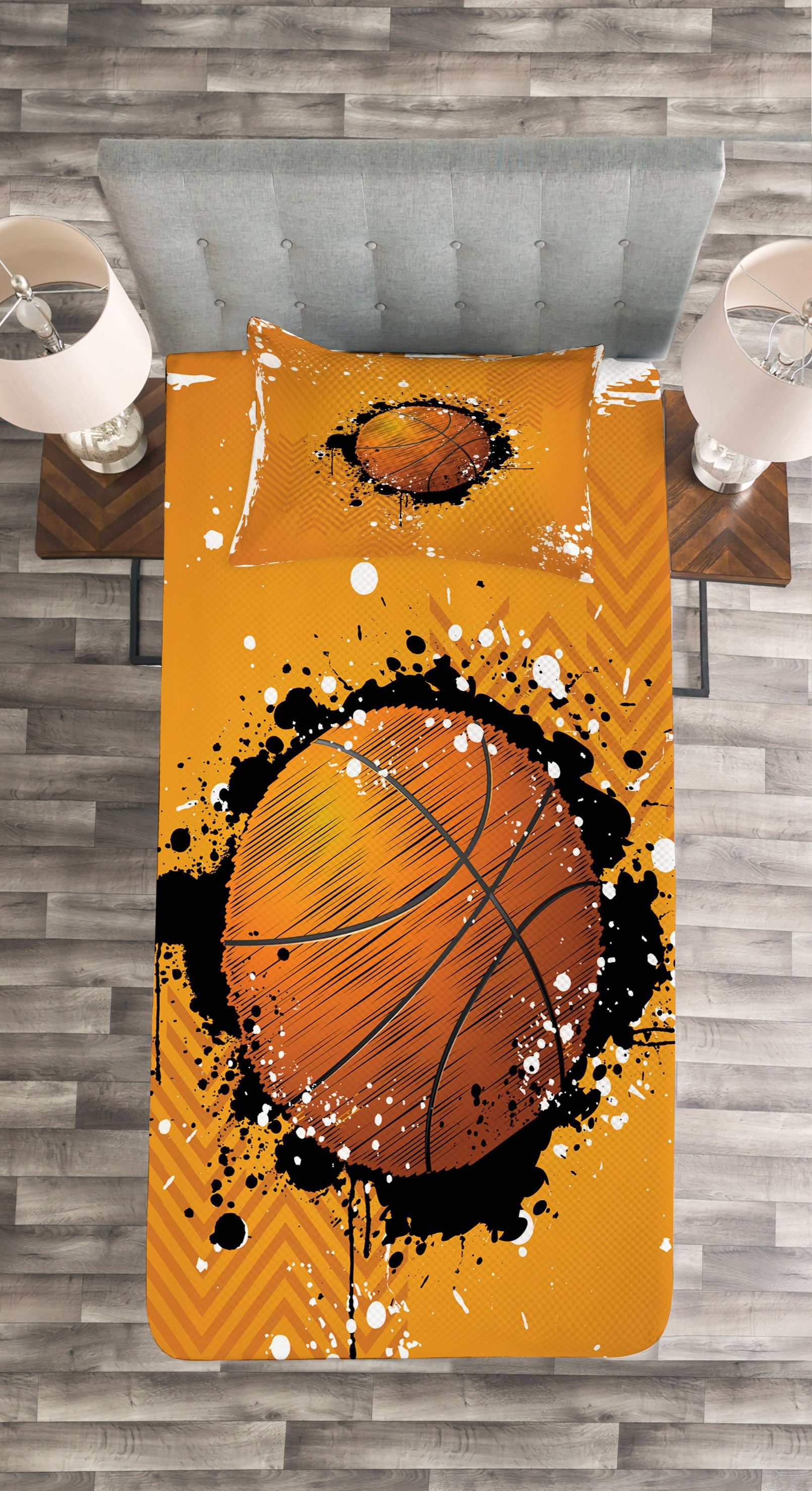 Basketball Kissenbezügen mit Orange Abakuhaus, Tagesdecke Set Stil Splash Waschbar,