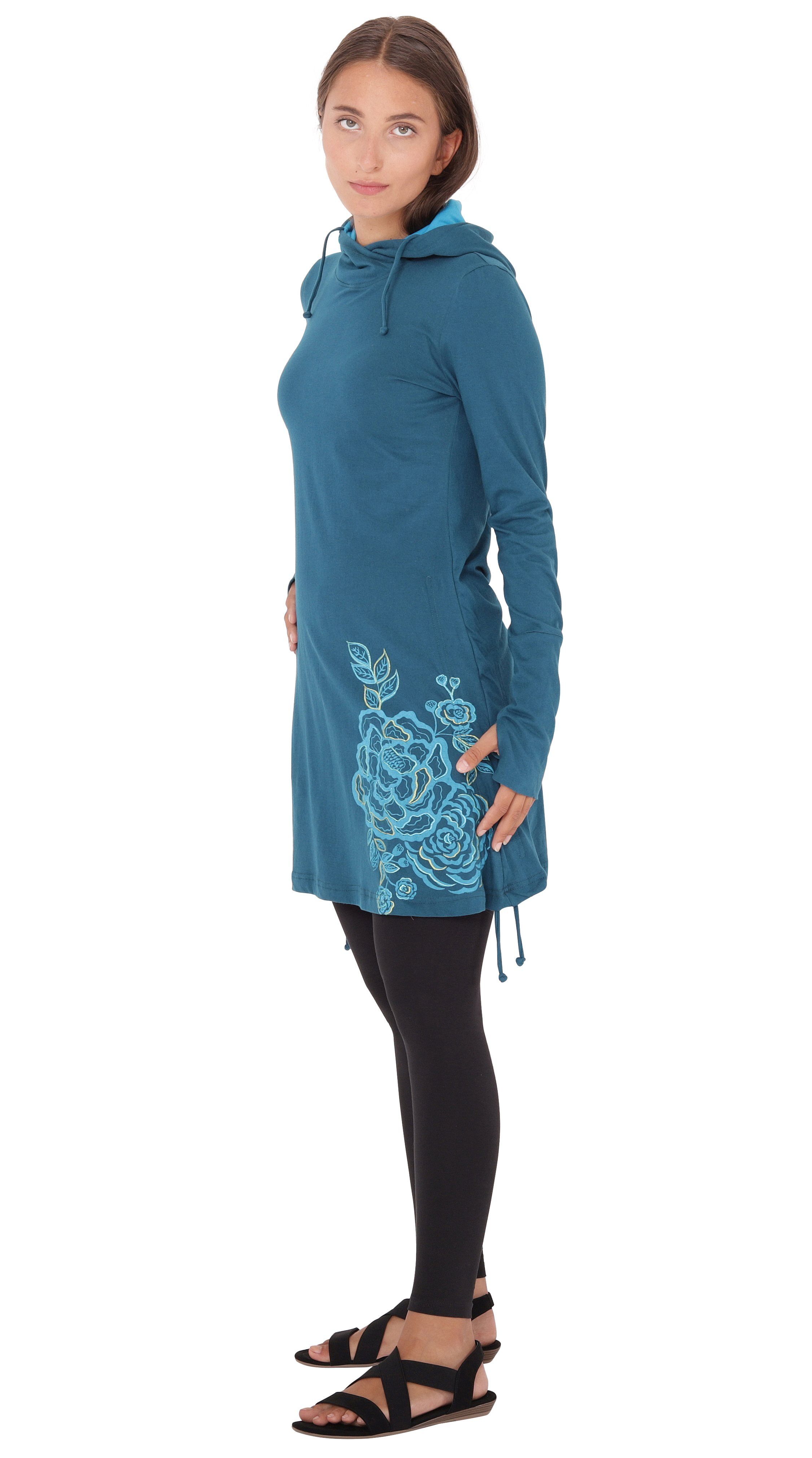 PUREWONDER A-Linien-Kleid Kapuzenkleid mit Jersey Blau Blumen-Print dr132