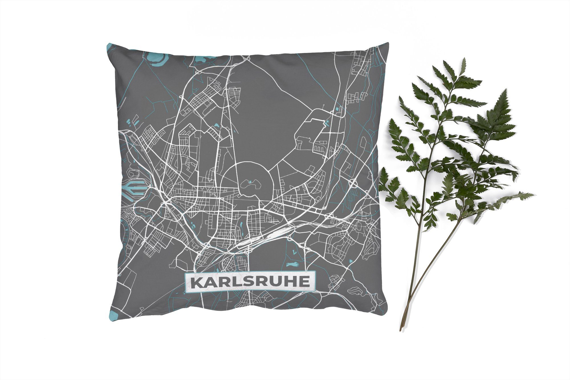 MuchoWow Dekokissen Stadtplan - Karlsruhe - Deutschland - Karte, Zierkissen mit Füllung für Wohzimmer, Schlafzimmer, Deko, Sofakissen