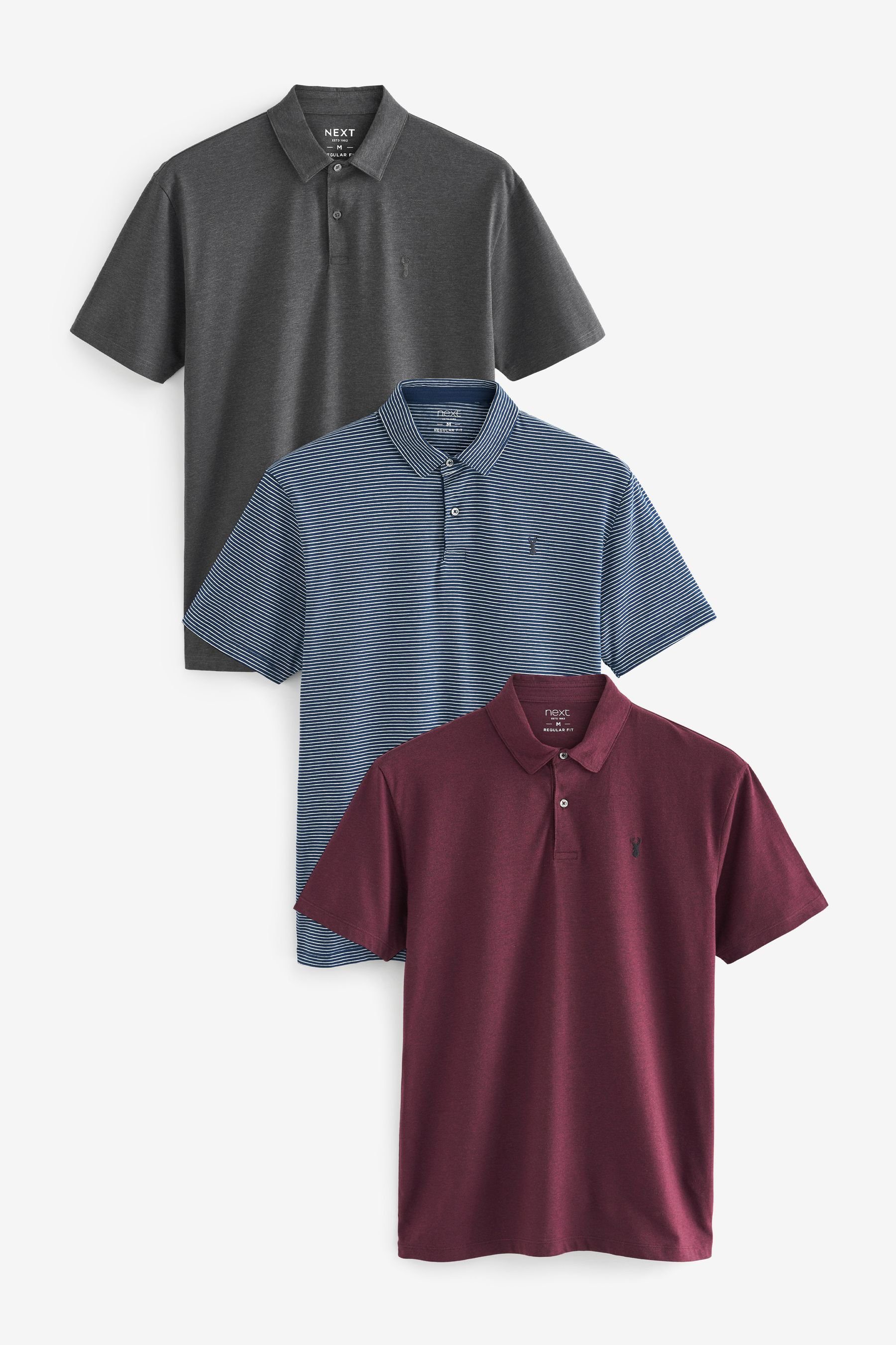 Next Poloshirt Poloshirts aus Jersey im 3er-Pack (3-tlg) Navy Blue Stripe/Burgundy Red/Grey