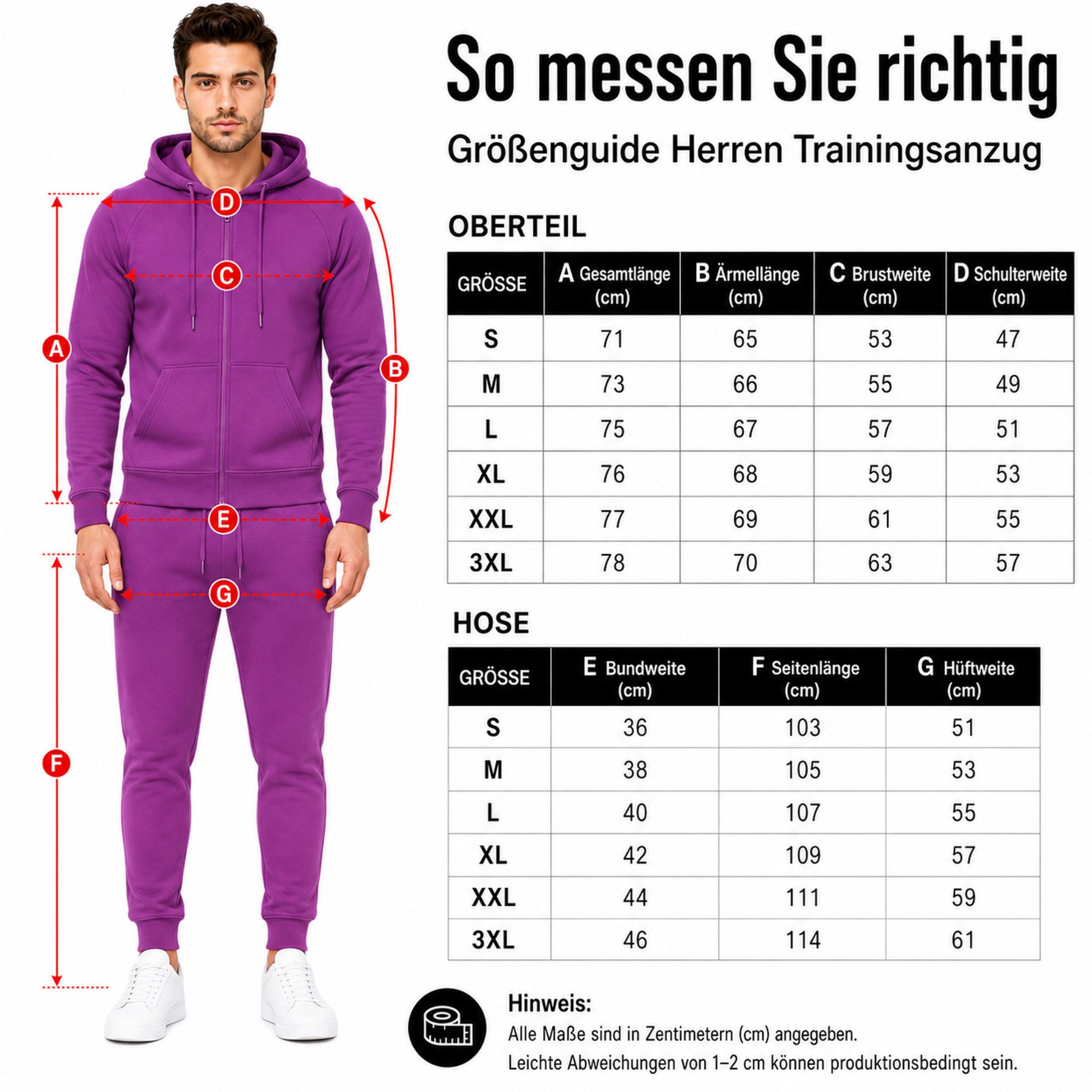 L.gonline Freizeitanzug Herren Jogginganzug einfarbig 100% BW 586 Lila 3XL (Kapuzenjacke mit Reißverschluss, Hose, 2-tlg), Fitness Freizeit Casual – Bild 5 von 5