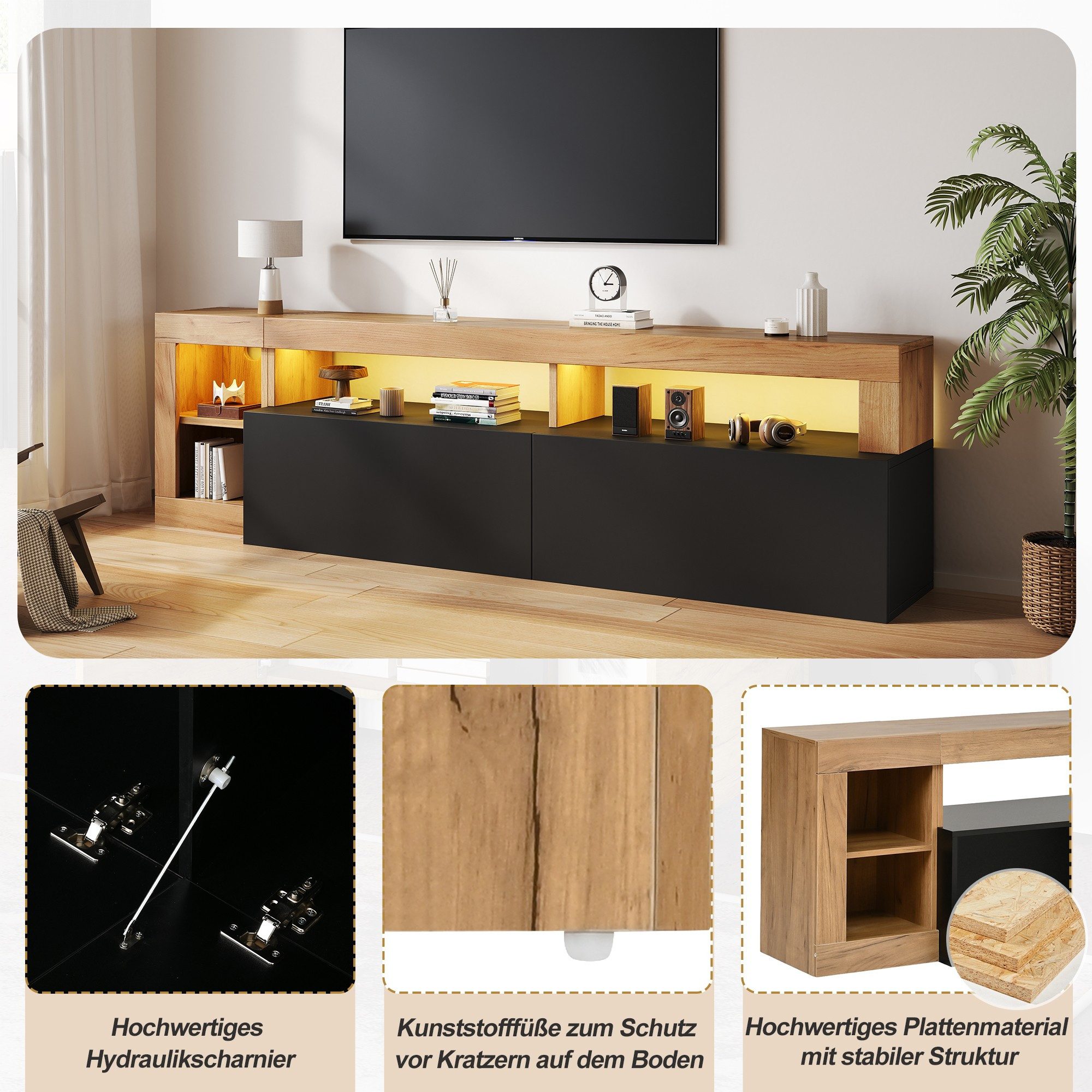 TV-Schrank TV-Lowboard 184cm mit LED-Beleuchtung, Stauraum und Holzoptik, Schwarz