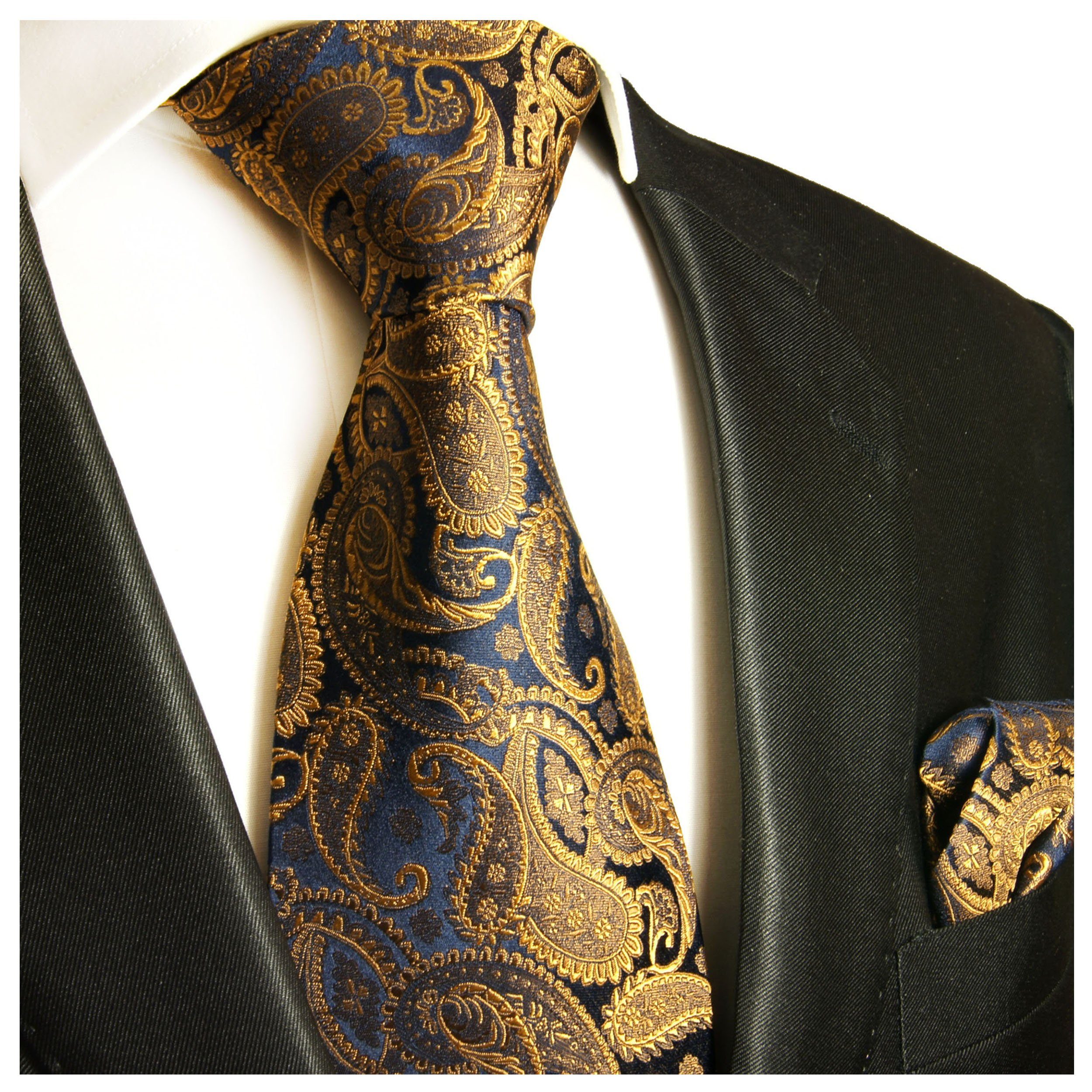 Einstecktuch) mit 100% braun Breit Krawatte mit Tuch 512 Herren paisley Seidenkrawatte brokat Malone Seide 2-St., Paul modern (8cm), (Set, Krawatte