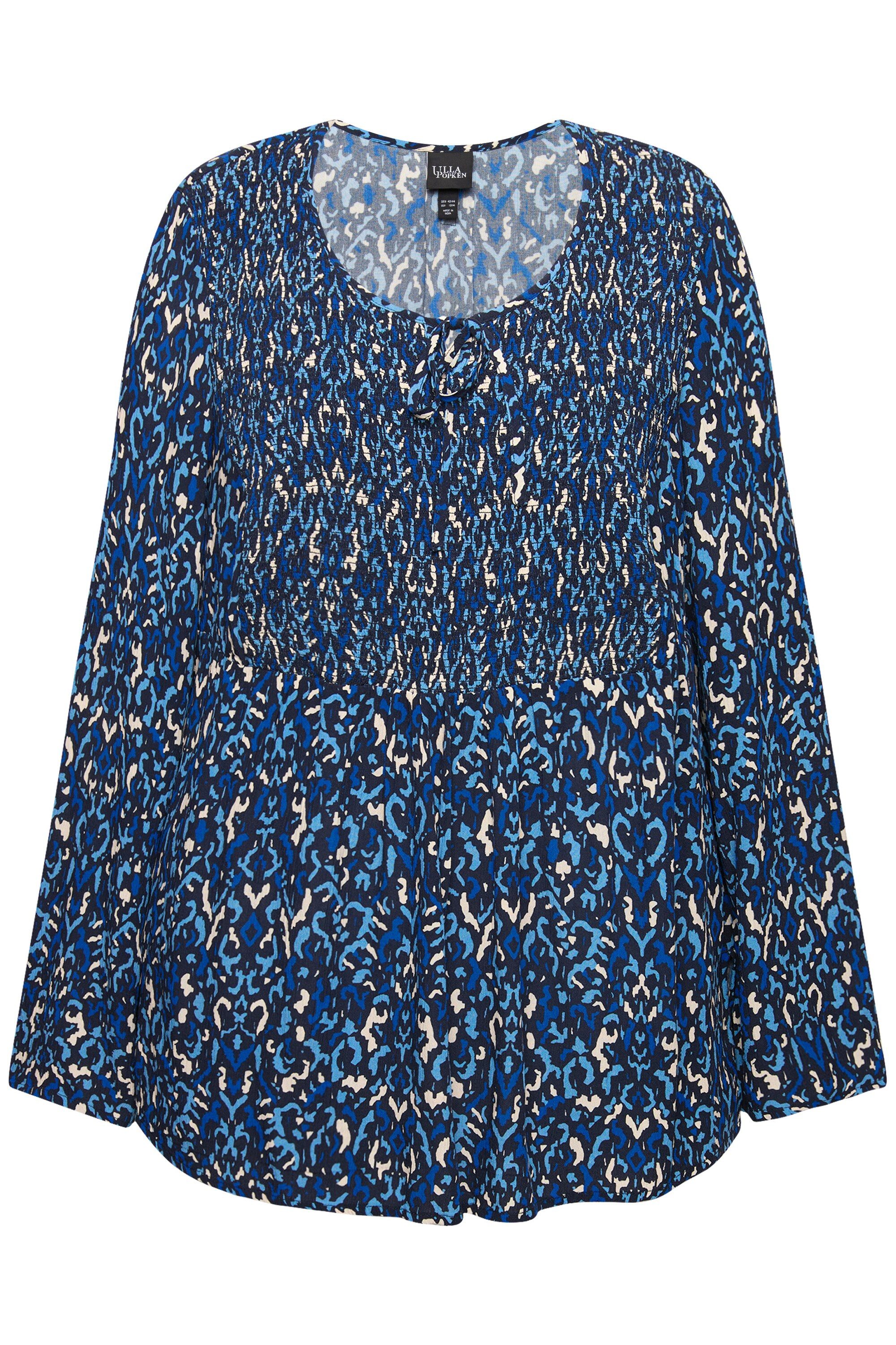 Ulla Popken Druckbluse Bluse gesmokt Rundhals ausgestellter Langarm günstig online kaufen