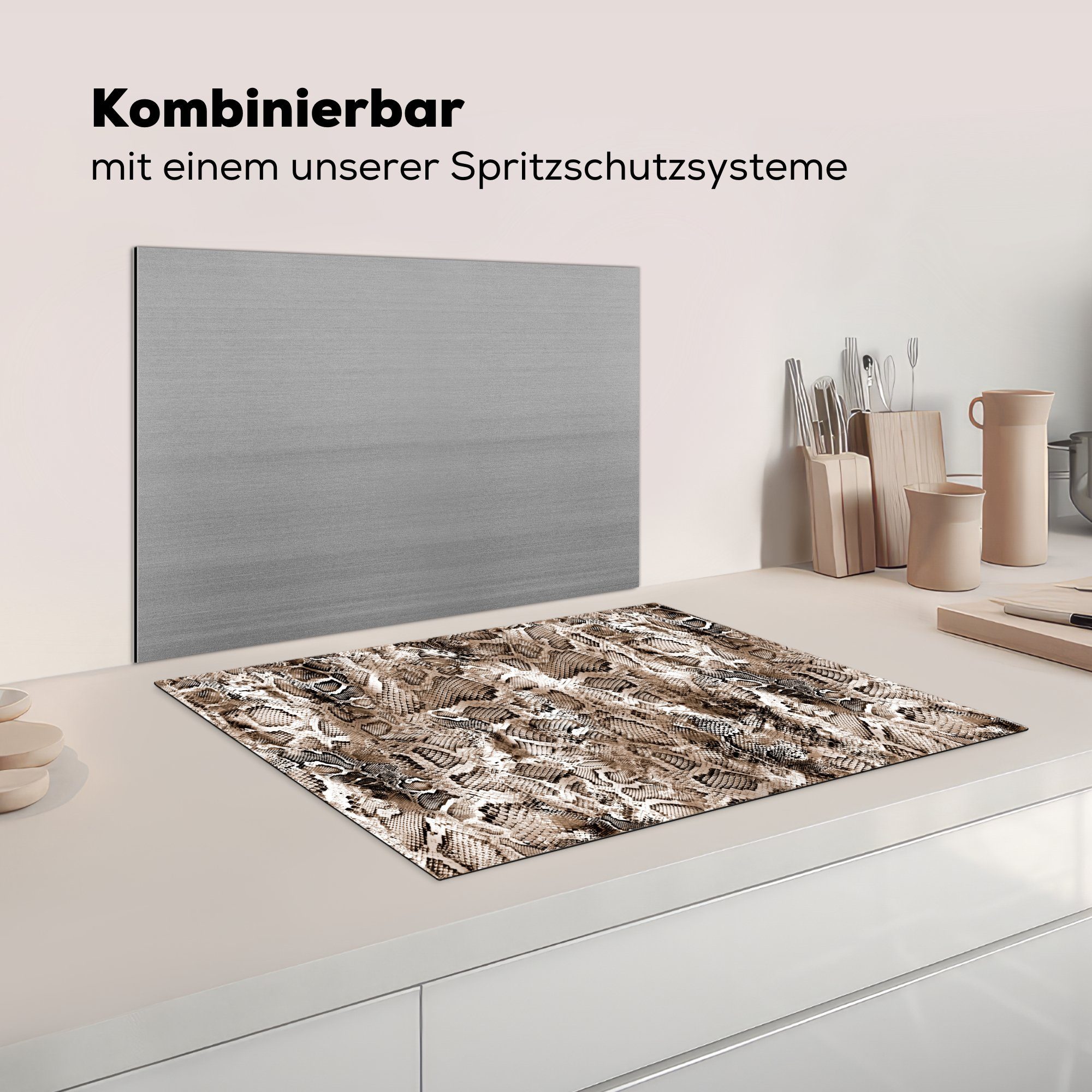 Vinyl, für Herdblende-/Abdeckplatte MuchoWow Induktionskochfeld Schuppen 71x52 die Ceranfeldabdeckung tlg), - Schlange - Braun, cm, (1 küche, Tiermuster Schutz -