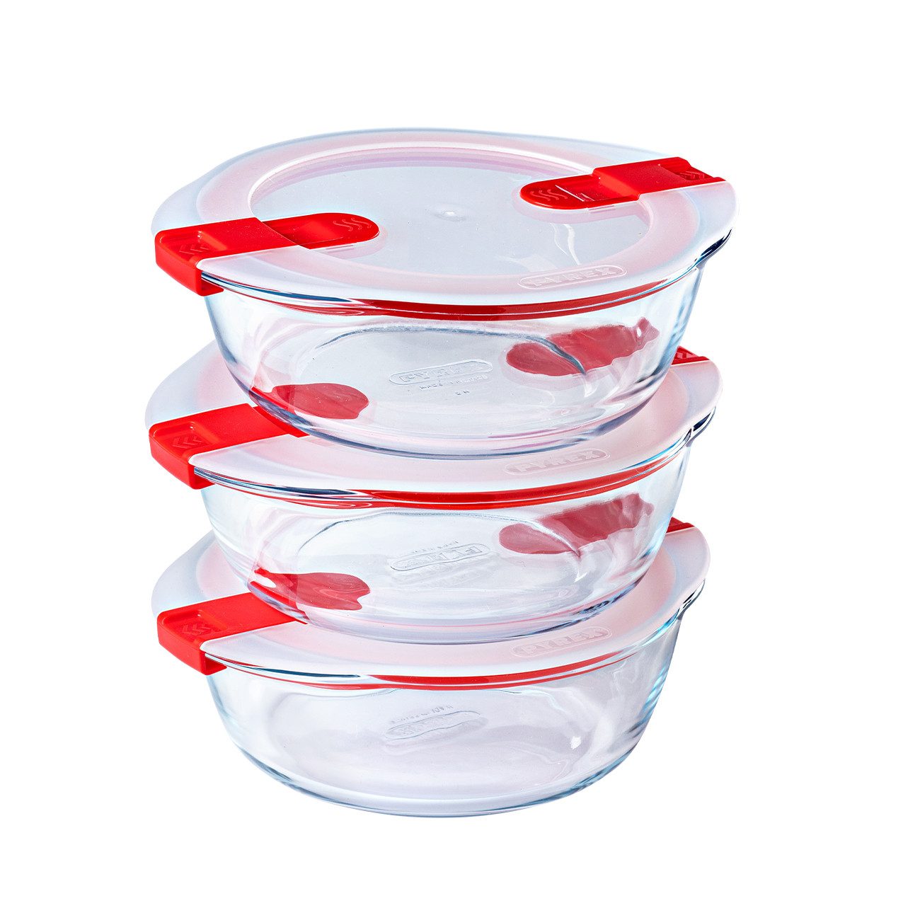 PYREX Frischhaltedose Cook & Heat, Borosilikatglas, (Lunchbox-Set, 3-tlg., rund, je 1 l), mit Ventil, auslaufsicher, mikrowellengeeignet