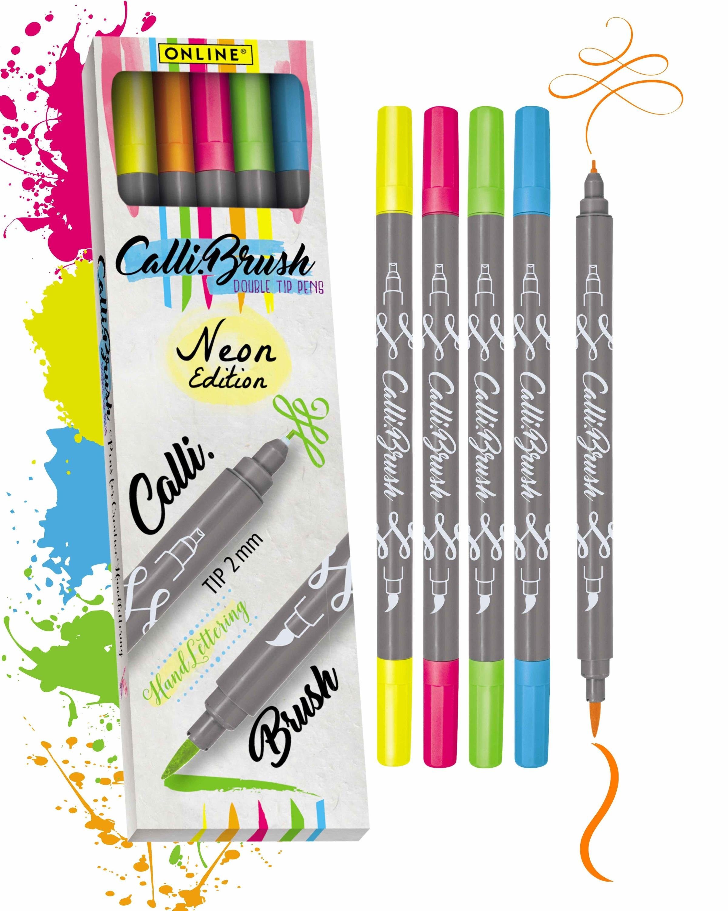 Online Pen Fineliner Calli.Brush, 5x Handlettering Stifte Set, bunte Brush Pens, verschiedene Spitzen Neon